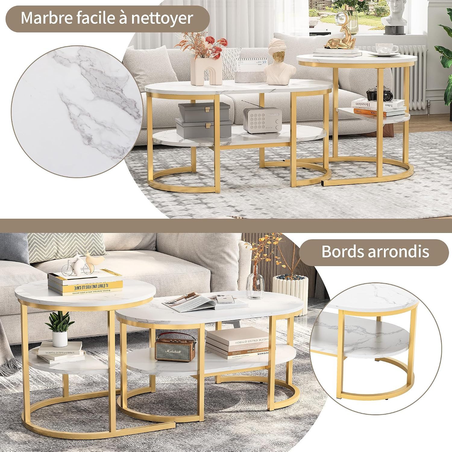 Simurq Couchtisch 2‑er Set ovale Satztische, Marmor‑Optik mit Stauraum – Bild 3 von 5