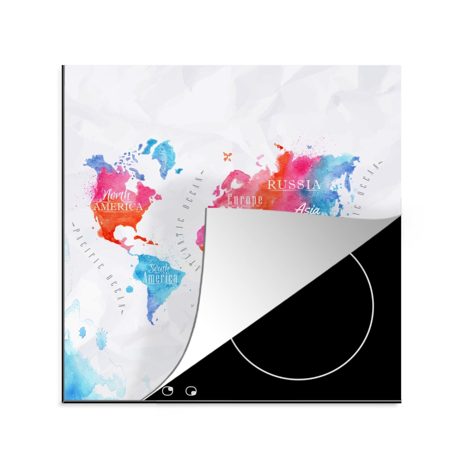 MuchoWow Vinyl, für cm, Arbeitsplatte Aquarellfarben, tlg), küche 78x78 - (1 - Herdblende-/Abdeckplatte Farben Ceranfeldabdeckung, Weltkarte