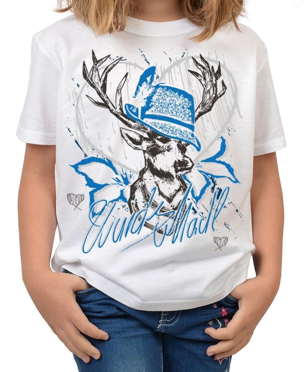 Tini - Shirts T-Shirt Kinder Trachten Motiv Tshirt Volksfest Trachten Hirsch T-Shirt Mädchen : Wuids Madl (blau)