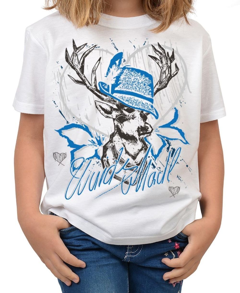 Tini - Shirts T-Shirt blau) Trachten Mädchen Oktoberfest Madl / Kinder Hirsch : T-Shirt Trachten Tshirt Volksfest Motiv Wuids für (Hut