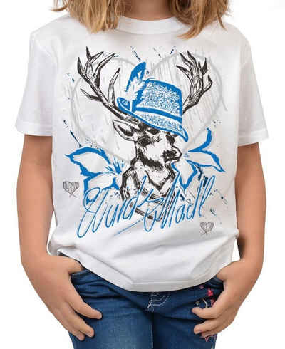 Tini - Shirts T-Shirt Kinder Trachten Motiv Tshirt Volksfest / Oktoberfest Trachten Hirsch T-Shirt für Mädchen : Wuids Madl (Hut blau)