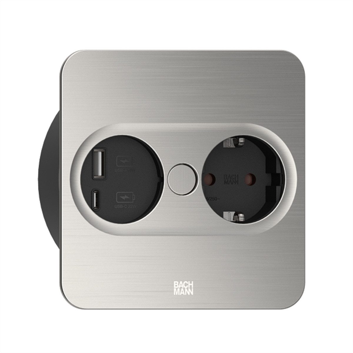 TWIST 2 1xCEE7/3 1xUSB A/C 22W 2,0m AEH Edelstahl-Optik eckig Einbau-Tischsteckdosenleiste