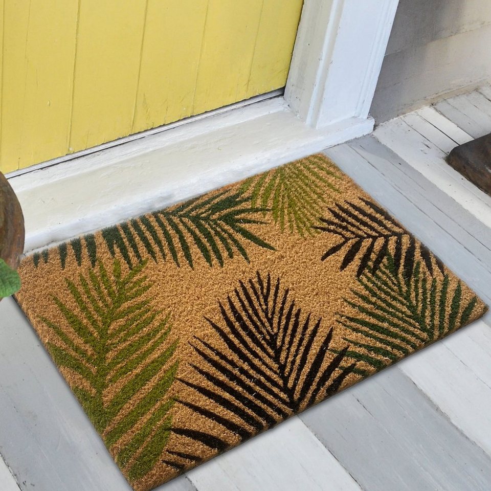 Fußmatte Exotischer Kokos Schuhabstreifer mit Palmenblättern in grün,  Teppich-Traum, Rechteck