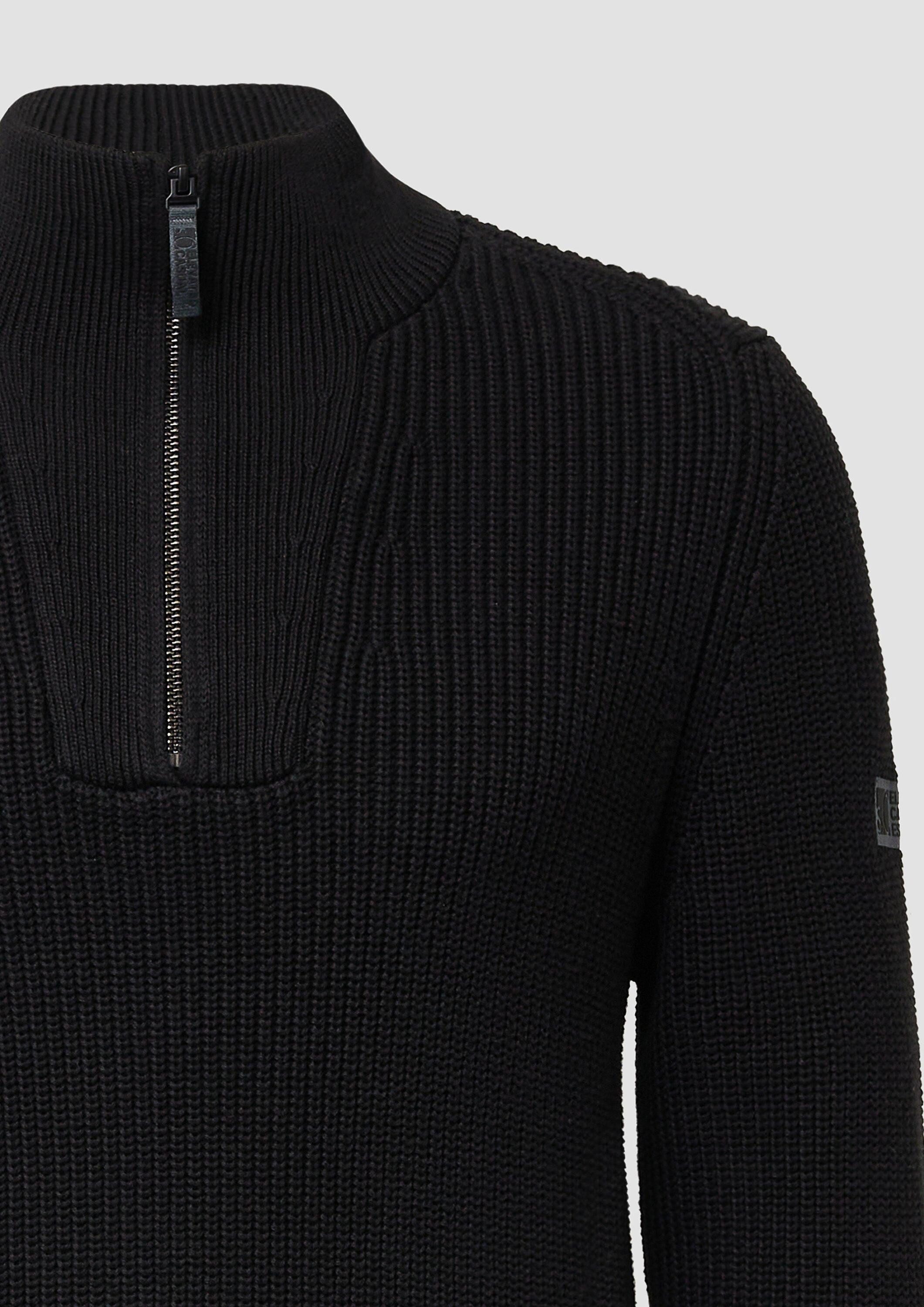 s.Oliver Longpullover Strickpullover Gerippter Baumwoll-Pullover mit Troyer-Kragen