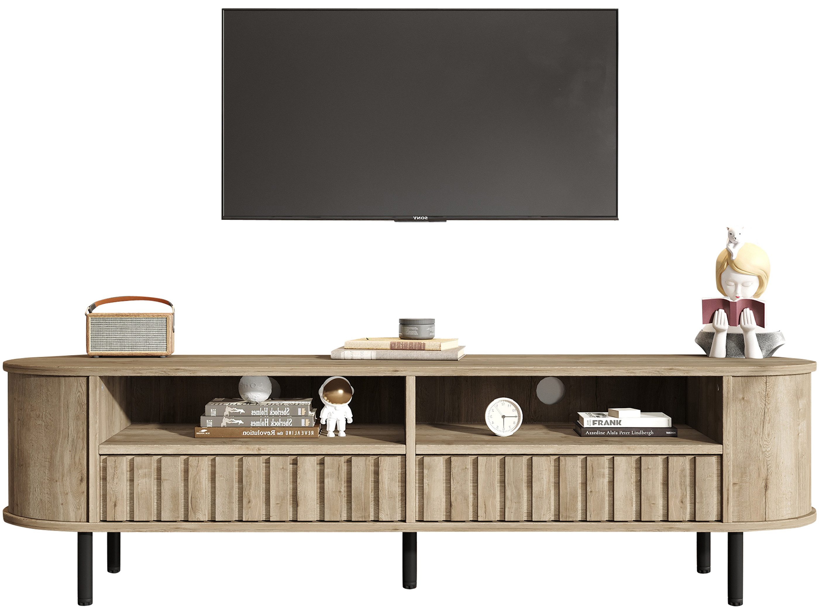 SeedWave Lowboard Ovaler TV-Schrank in Holzoptik, mit 2 Schubladen & 2 Offenen Fächern, Fernsehschrank mit 5 Stahlfüßen, 15cm Bodenfreiheit