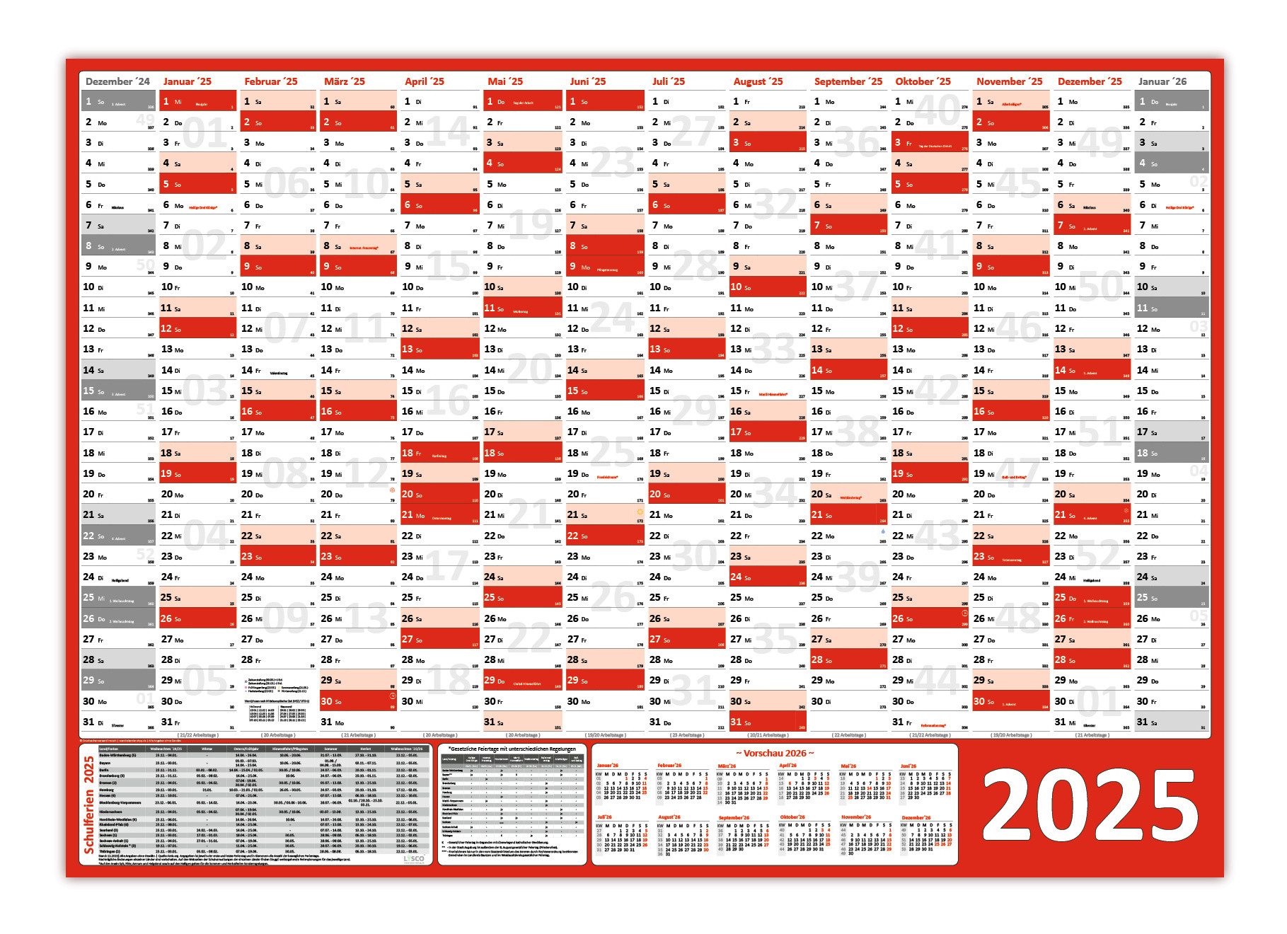 LYSCO Wandkalender Wandplaner DIN A0 / DIN A1 2025 (rot), Formate DIN