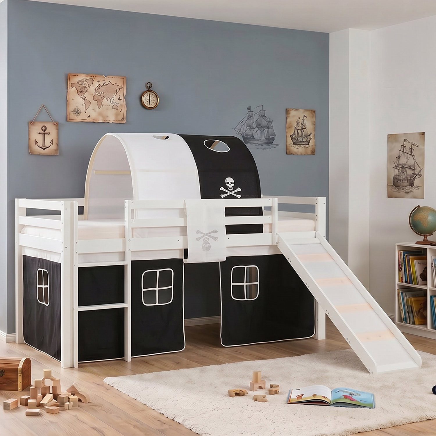 Homestyle4u Hochbett Kinder Rutsche 90x200 mit / ohne Matratze Holz Vorhang Jungen (Set, mit Tunnel, Rutsche, Spielbett) Pirat, Junge Spielbett