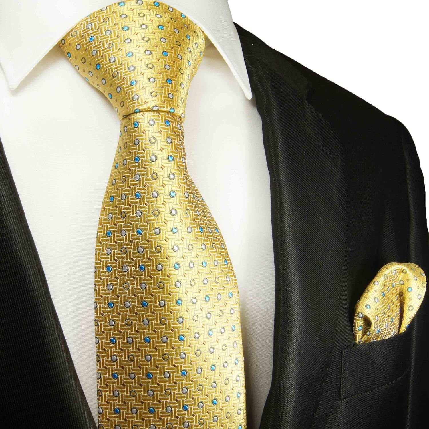 Malone Seidenkrawatte mit Krawatte Einstecktuch) gelb (Set, mit blau Paul Krawatte Herren gepunktet Seide 100% modern (8cm), Tuch 2106 2-St., Breit