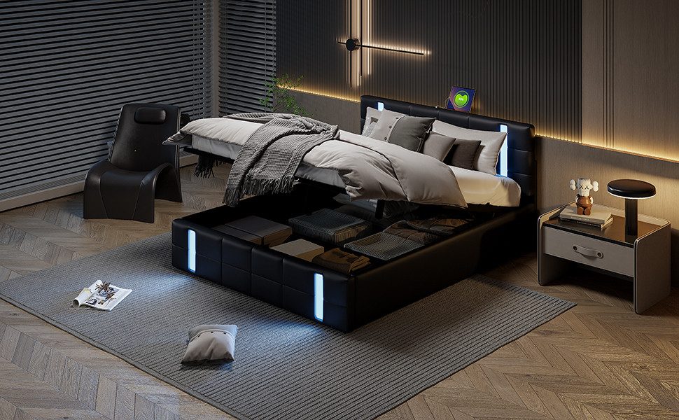 FUROKOY Polsterbett LED Hydraulisches Doppelbett Kunstleder, günstig online kaufen