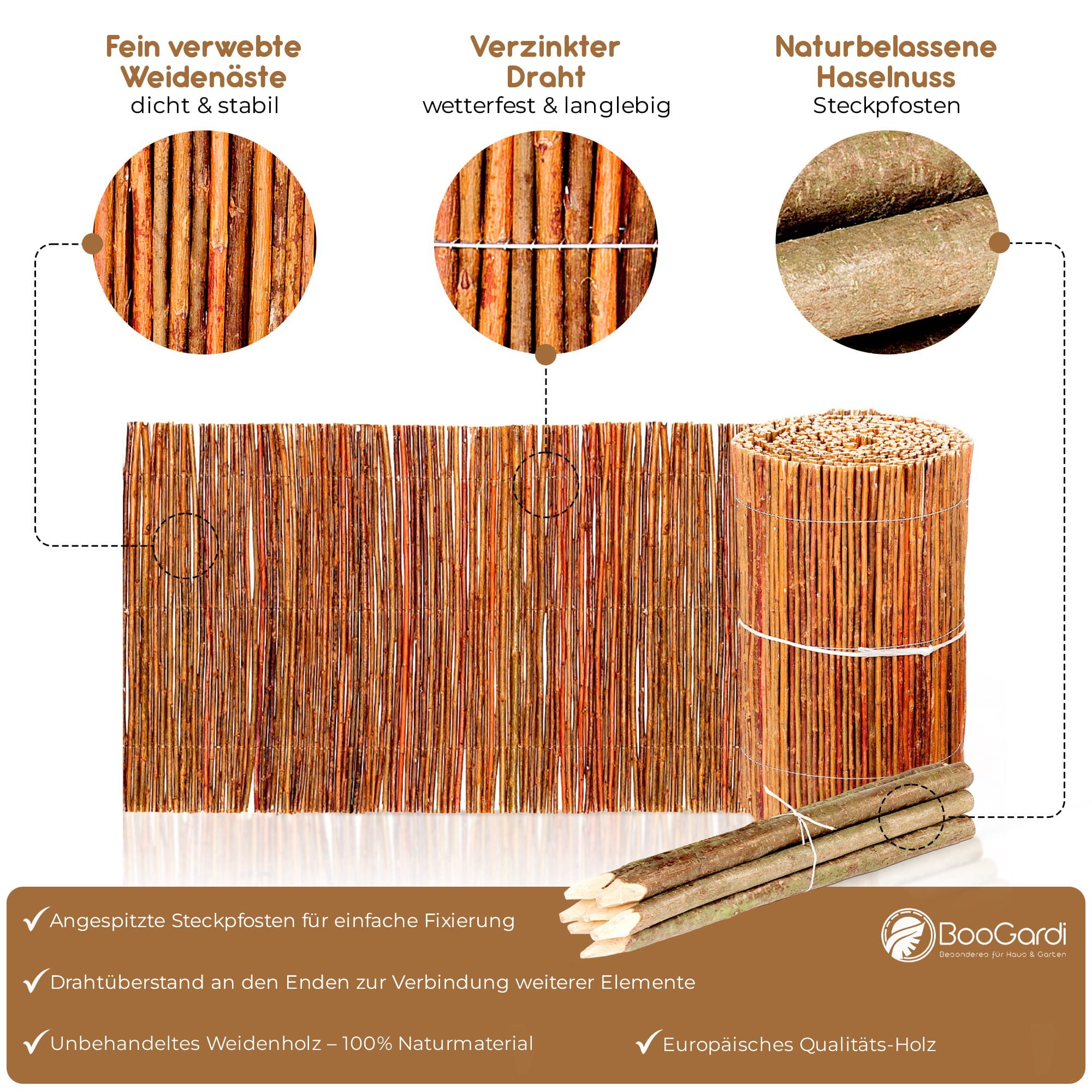 BooGardi Beetumrandung Mini Gartenzaun Holz in 2 Größen, LxH: 300x30 cm, Rasenkante flexibel · 30 cm hoch x 3 m lang, Weidenzaun · Beeteinfassung für natürliche – Bild 4 von 5