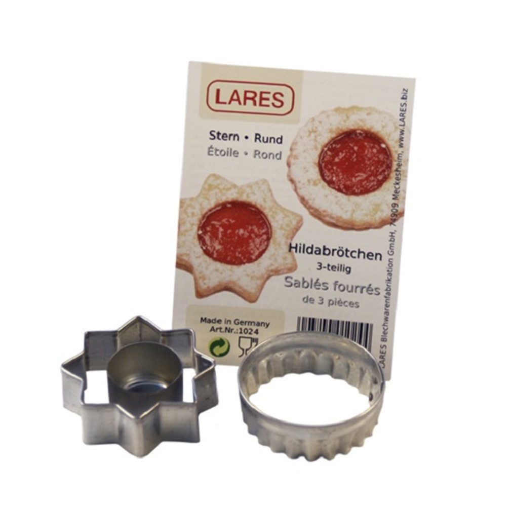 LARES Ausstechform Hildabrötchenausstecher - 3-teilig - Stern-Rund - 5 x 1,7 cm, Weißblech, zum Backen leckerer Hildabrötchen und mehr - Made in Germany