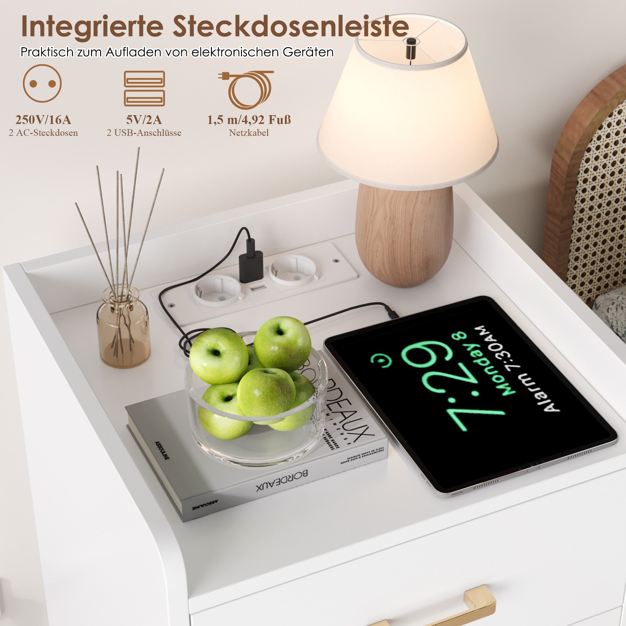 Homfa Nachttisch Nachtschrank mit Ladefunktion (2-St), 3 Schubladen, 2 AC-Steckdosen, 2 USB-Anschlüsse, 40x38x66cm – Bild 5 von 5