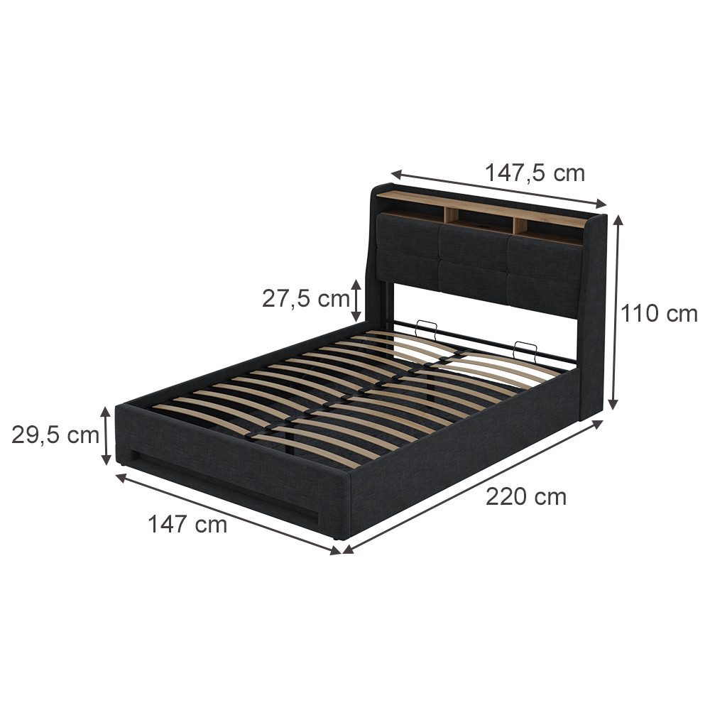 VitaliSpa® Polsterbett Christin, Anthrazit/Eiche, mit LED und USB-Anschluss (1-tlg)