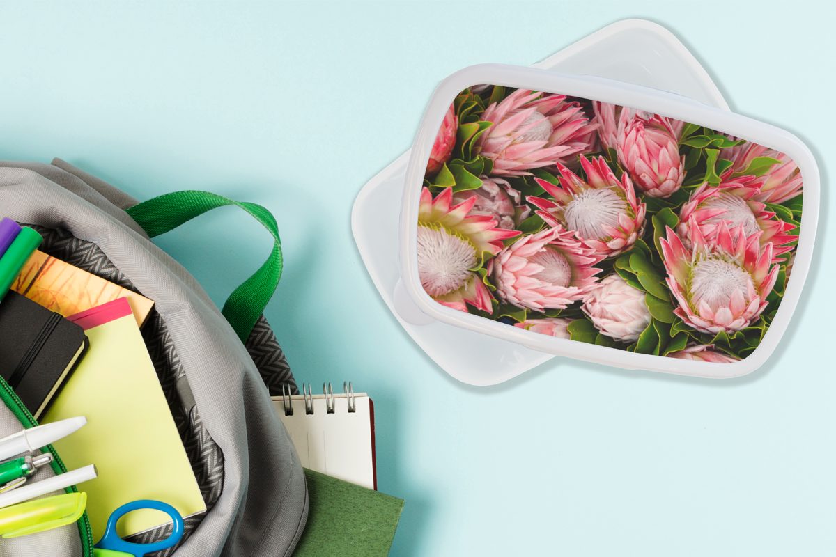 - und Brotbox - (2-tlg), Lunchbox Blumen für MuchoWow Mädchen Kinder für Kunststoff, Rosa Jungs Erwachsene, weiß Protea, und Brotdose,