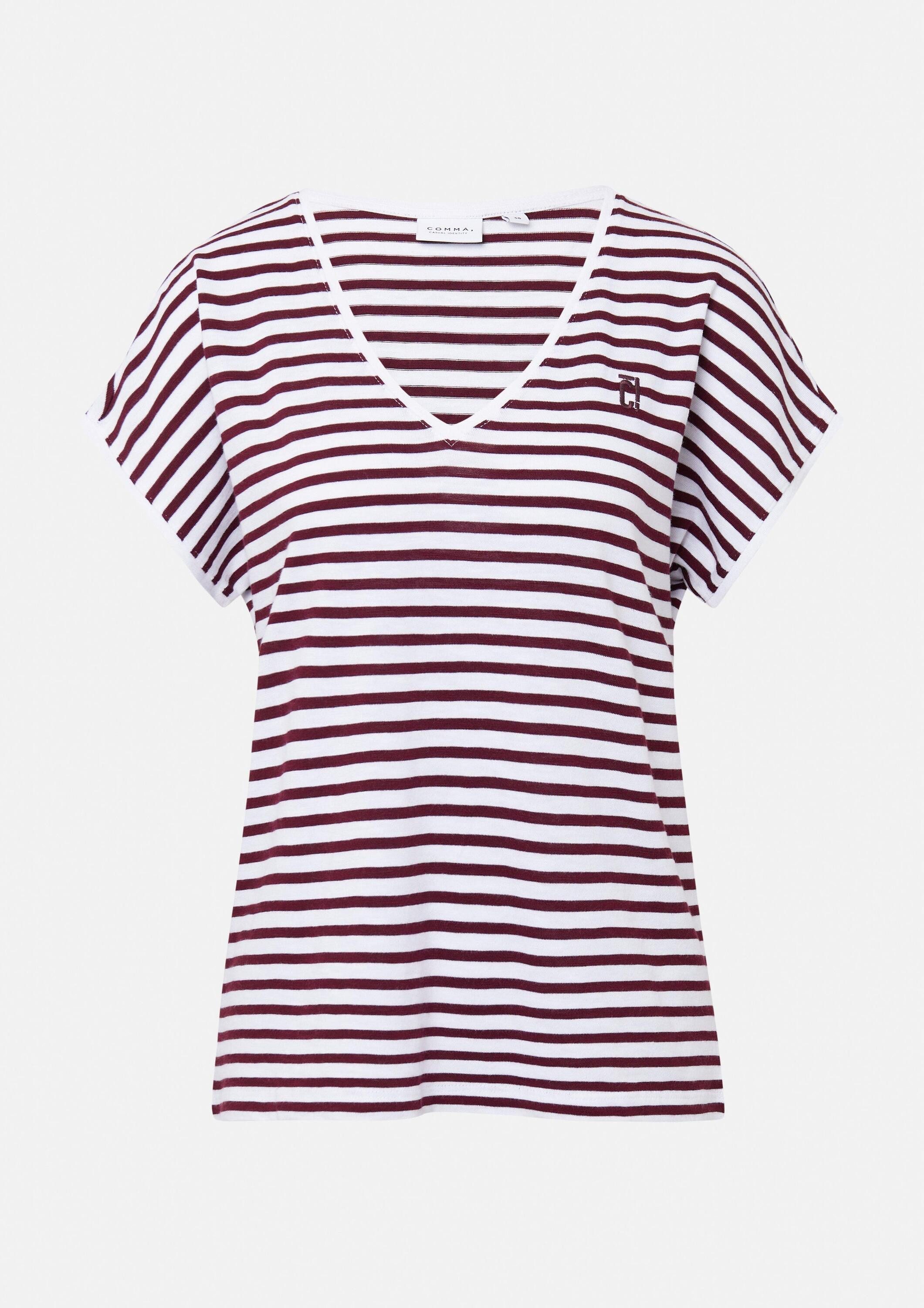 comma Kurzarmshirt T-Shirt Strickshirt mit Streifen und V-Ausschnitt