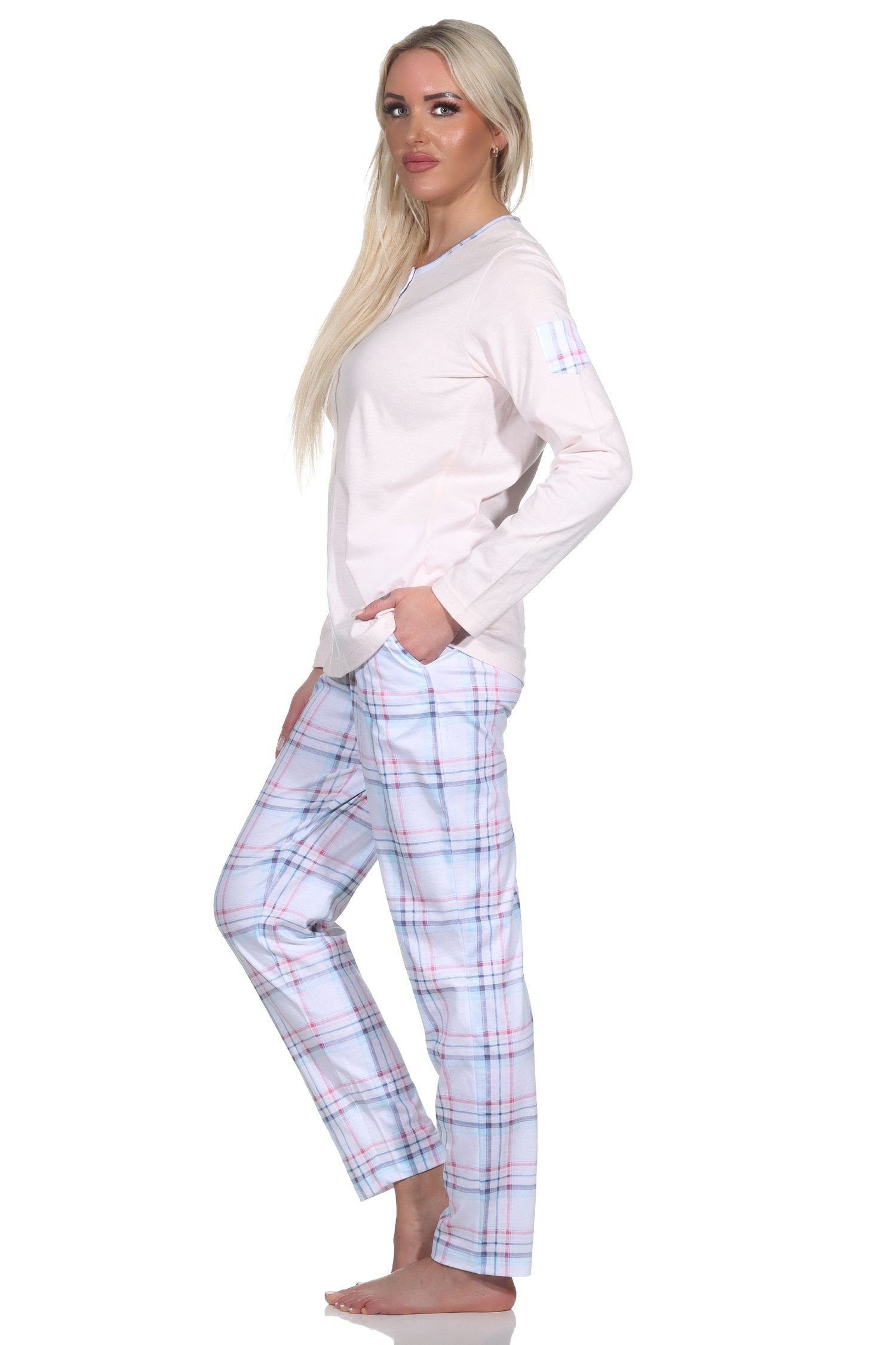 Normann Pyjama Damen Schlafanzug langarm Pyjama mit karierter Hose aus Jersey rosa