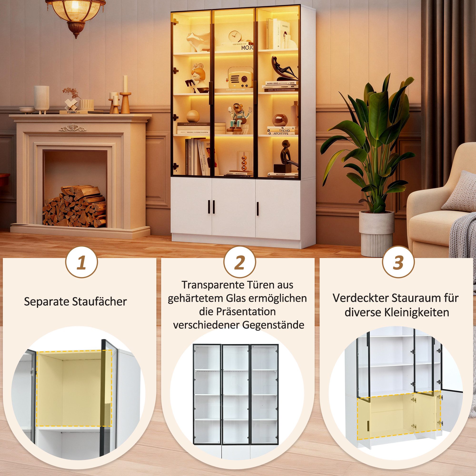 Odikalo Vitrine Vitrinenschrank Glasvitrine mit LED (mit 6 Schranktüren, Hochschrank, Glasvitrine mit LED, Wohnzimmerschrank 120 cm breit, Multifunktionsschrank – Bild 3 von 5