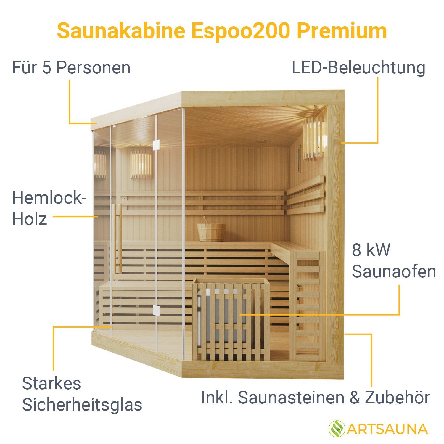 Artsauna Sauna Espoo200 Premium, 50 mm, für 5 Personen, Hemlock Holz, Harvia Ofen, Sanduhr, Thermo-Hygrometer