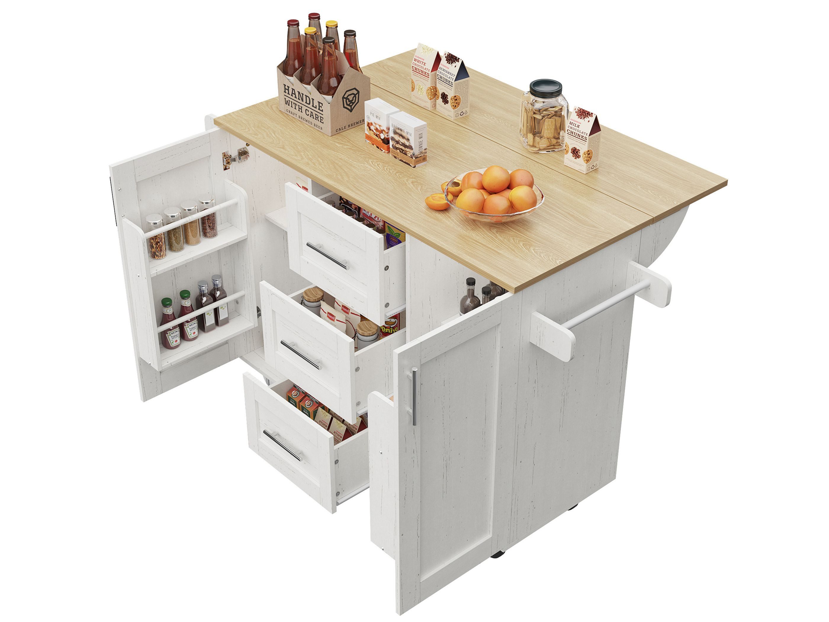 SeedWave Кухниinsel mit klappbarer Arbeitsplatte, verstellbaren Полкиn, 3 Schubladen, Buffet-Schrank mit seitlichem Handtuchhalter,Türablagen