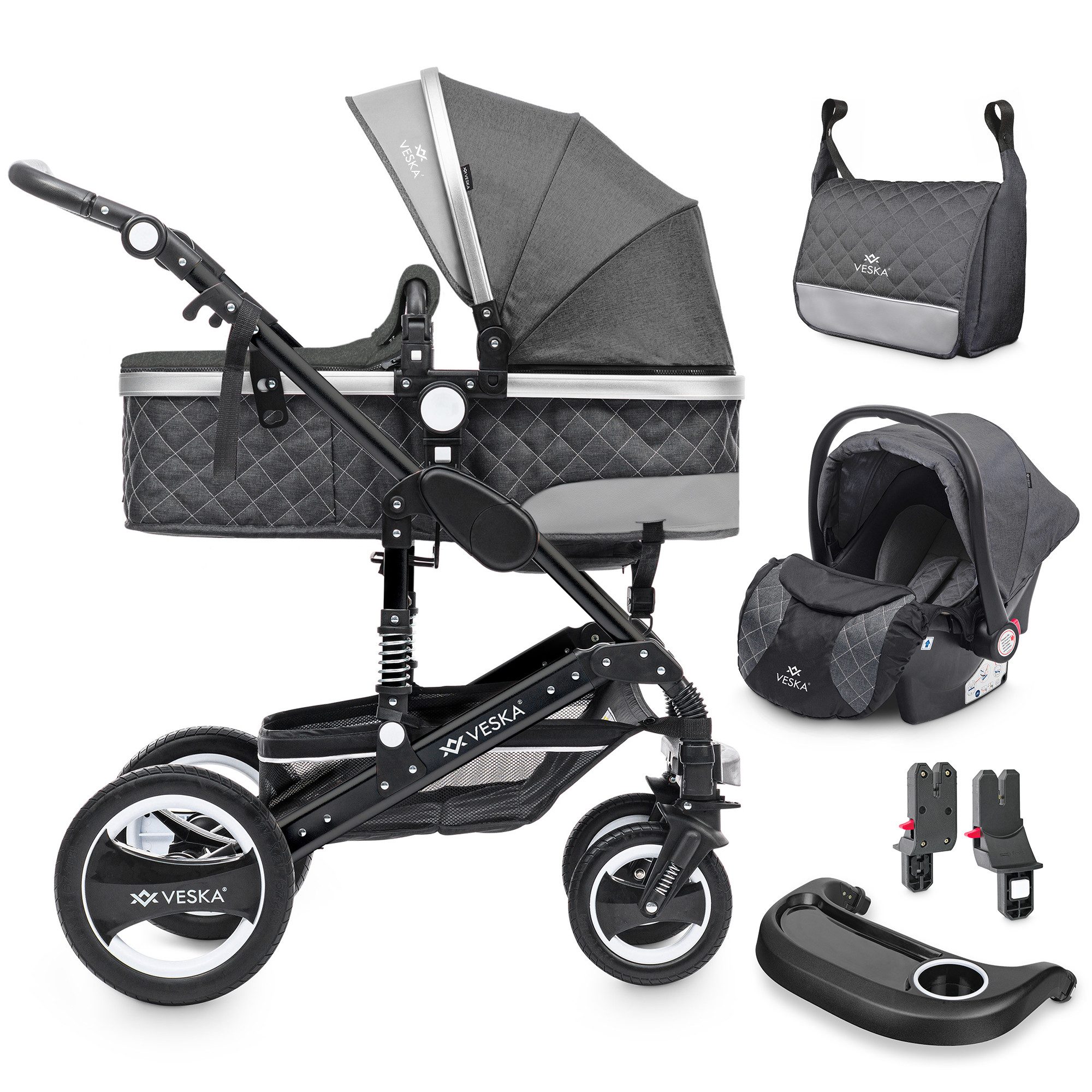 VESKA Kombi-Kinderwagen 3in1 inkl. Babyschale, Buggy, Jogger, mit Wickeltasche, Ess&Spieltisch, Moskitonetz, Regencover, Autoschale Fußsack, Aluminiumrahmen
