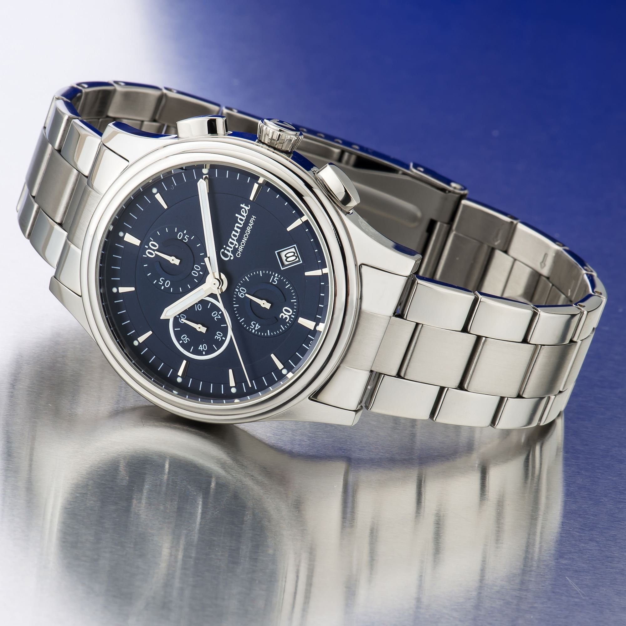 Gigandet Chronograph Armbanduhr, Herrenuhr, Sportuhr, 43mm, TRAVELLER G44-002, Mineralglas, Datumsanzeige, Edelstahlband, 5bar/50m wasserdicht