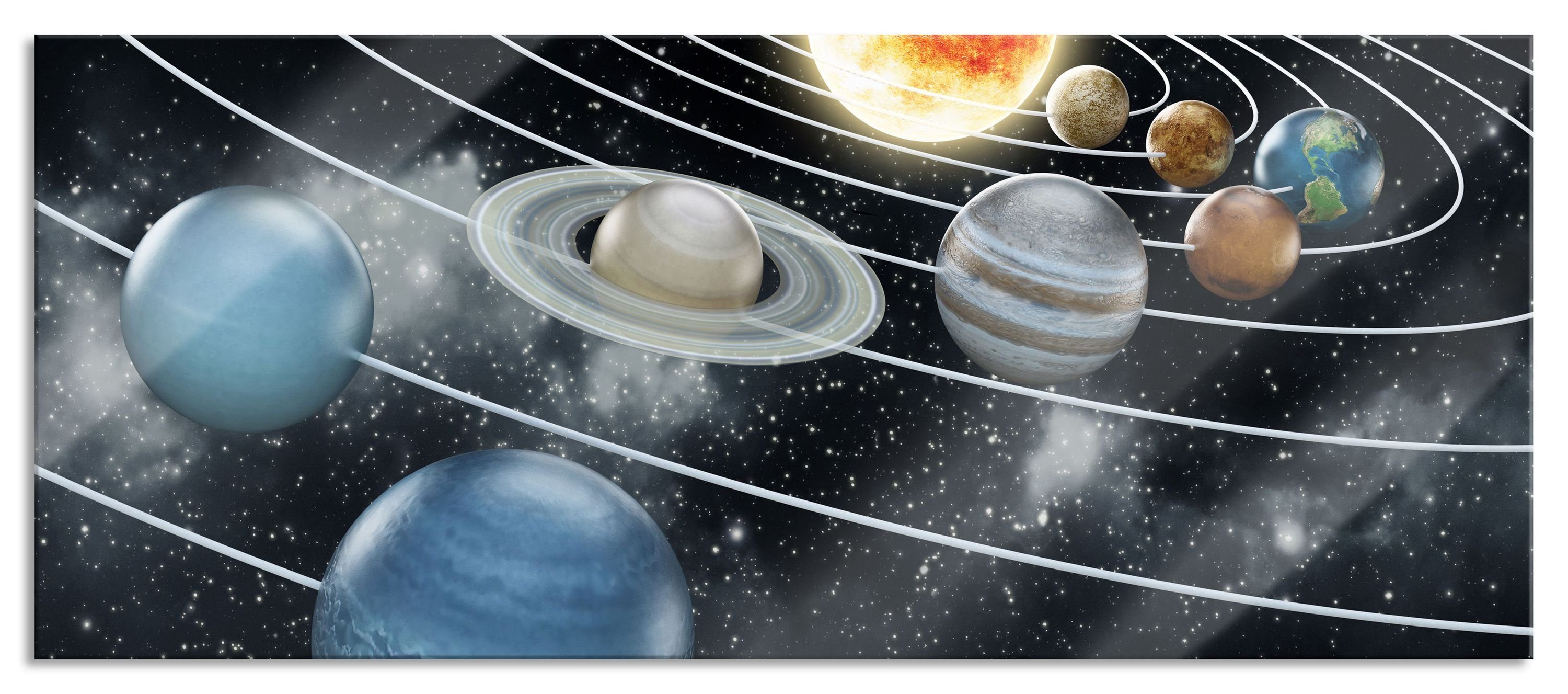 aus Aufhängungen Pixxprint St), mit unseren Glasbild mit und (1 inkl. Sonnensystem Planeten Echtglas, Planeten, unseren Glasbild Abstandshalter Sonnensystem