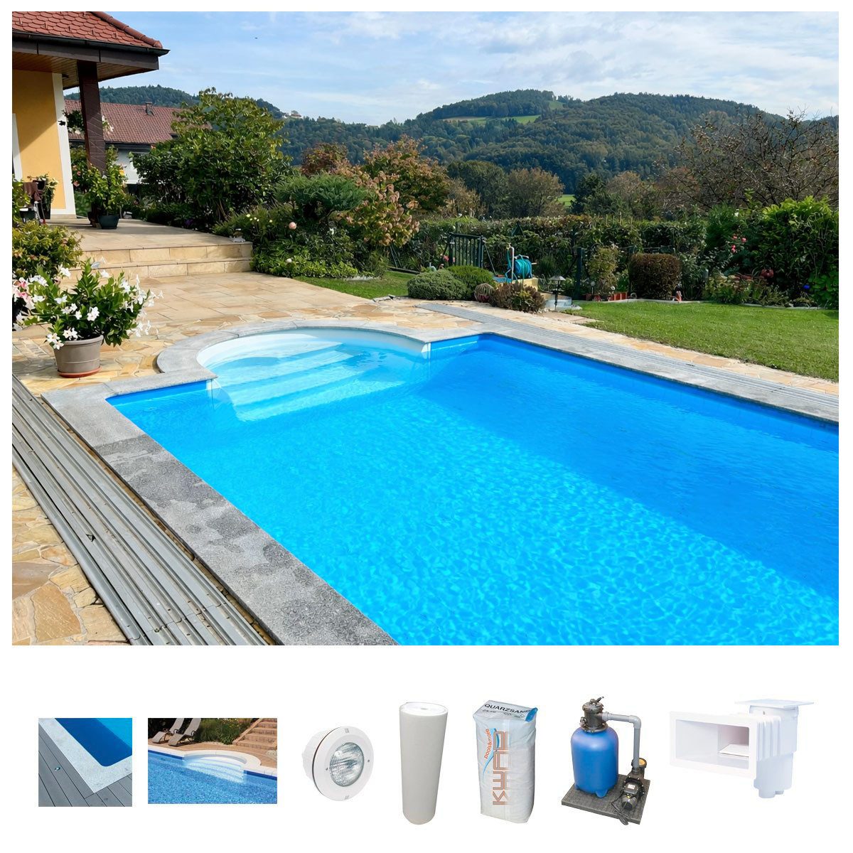 KWAD Schwimmbecken STYROPOR®STEIN POOL ALL INCLUSIVE, BxLxH: 350x700x150 cm (Set), mit Römertreppe, inkl. Beckenrandsteine & Poolbeleuchtung