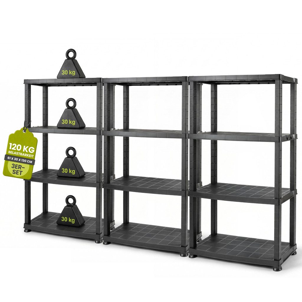 Kreher Standregal Kunststoffregal 'Neo' 12" mit 4 Böden in Schwarz (Set wählbar), 3-tlg.