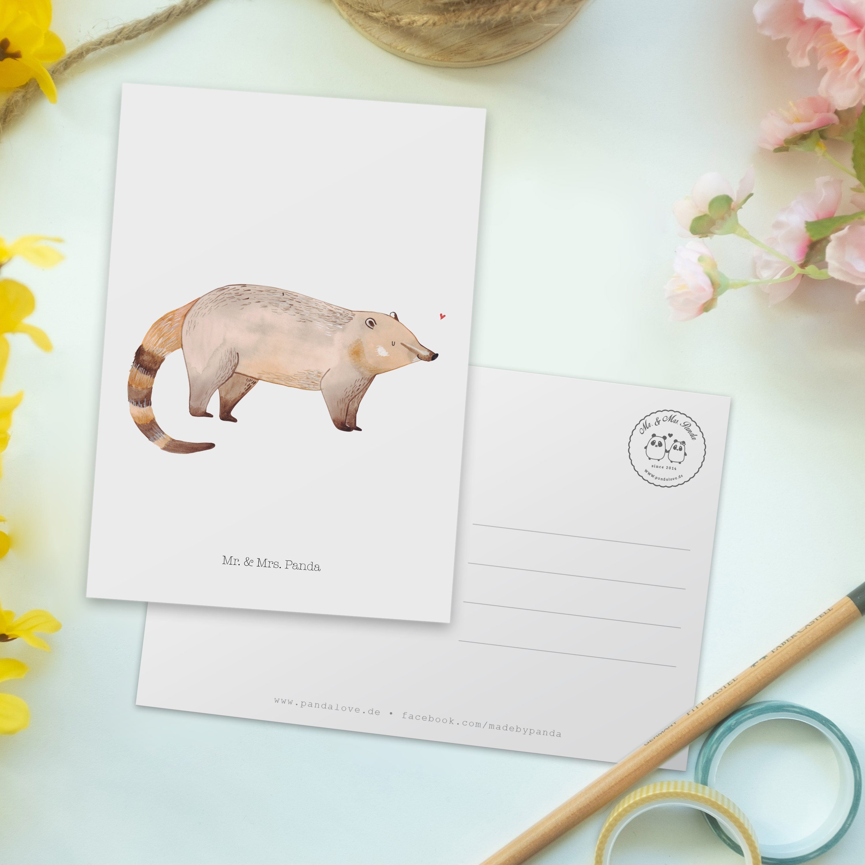 Einladungskarte, - Tiermotive, G - Panda Mr. Einladung, Weiß & Geschenk, Nasenbär Postkarte Mrs.