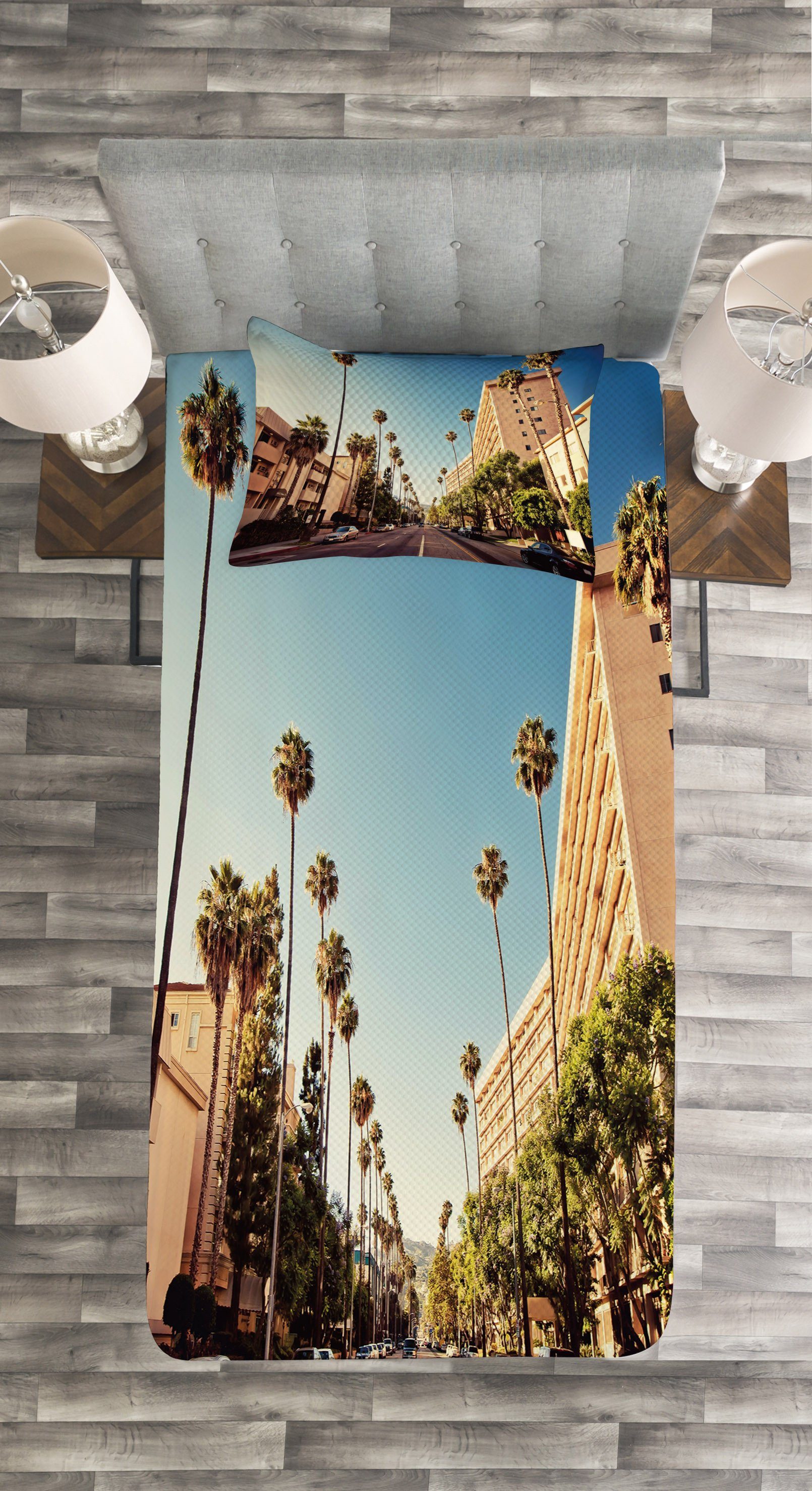 Street mit Kissenbezügen Beverly Hills View Tagesdecke Set Waschbar, Abakuhaus, Städtisch