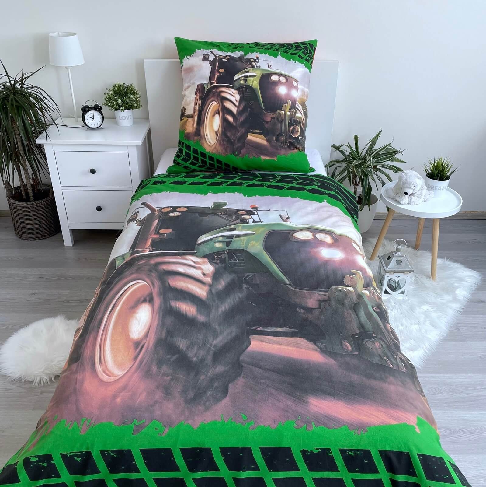 Jerry Fabrics Bettwäsche Roter & Grüner Traktor Trecker - 2in1 Wende-Bettwäsche-Set, 135x200, Baumwolle, 100% Baumwolle