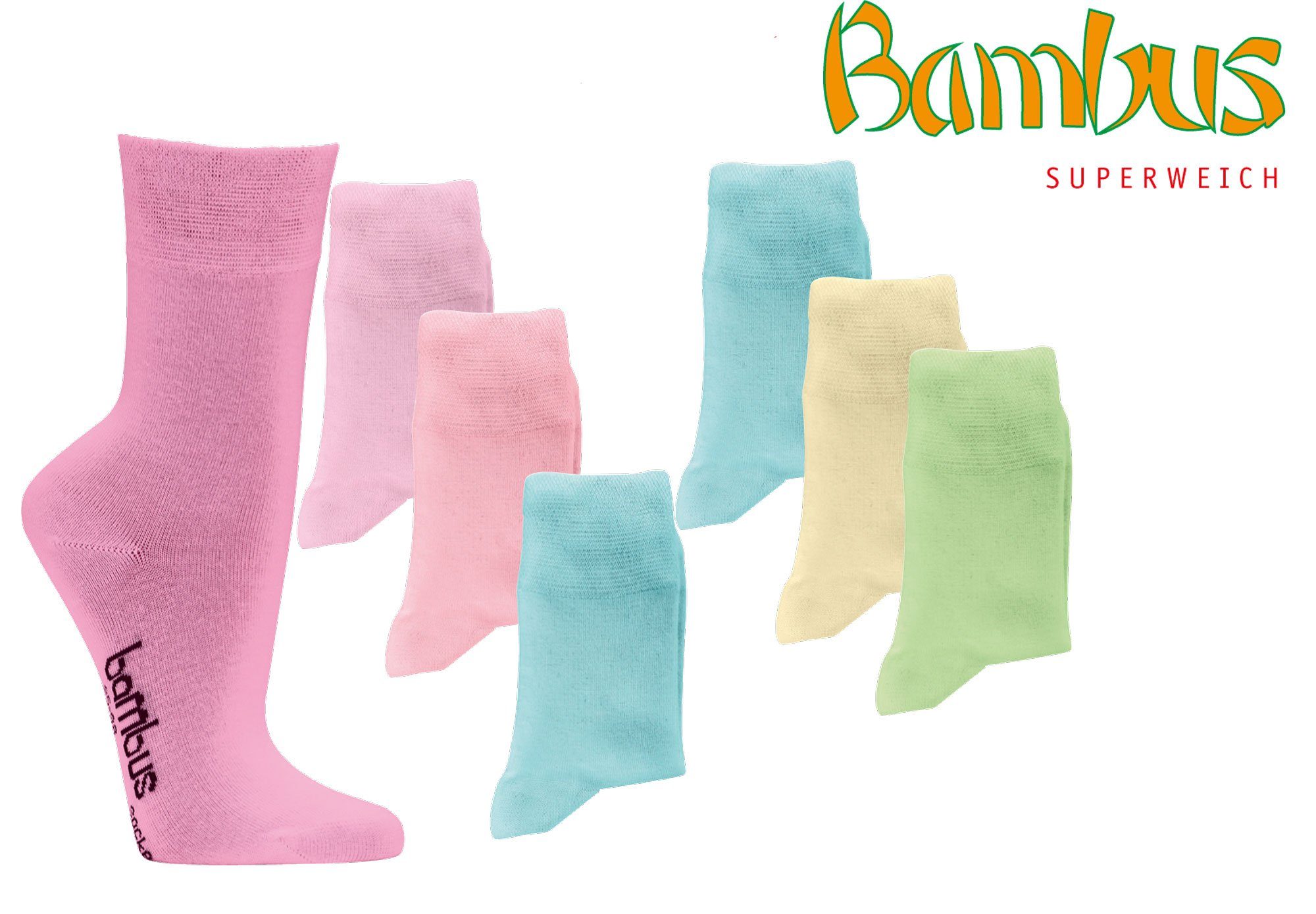 Wowerat Basicsocken Bambus Softrand Schriftzug Socken pastell Sohle Paar) der Bambussocken ohne (6 auf Viskose Gummi