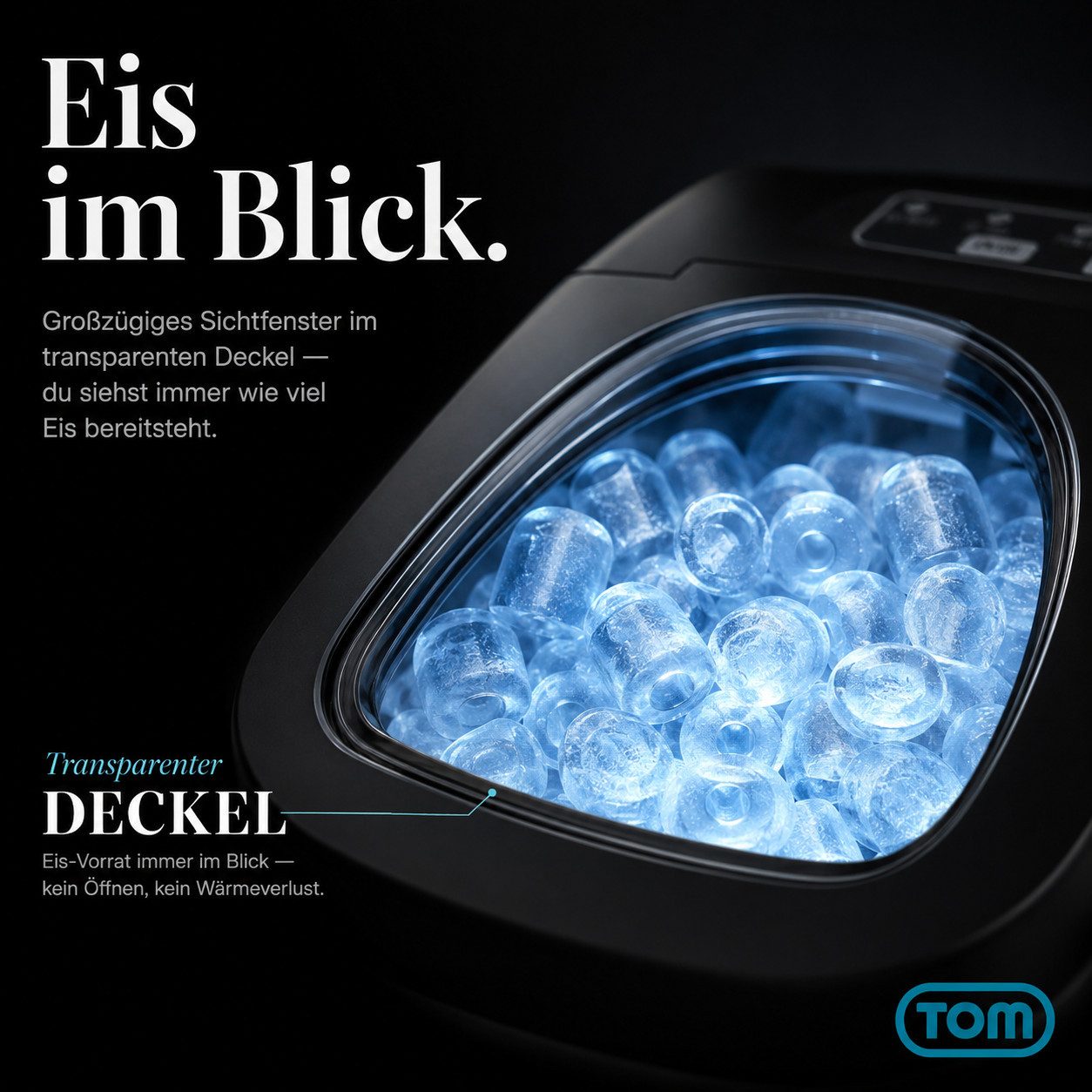 TOM Eiswürfelmaschine Eiswürfelbereiter 1,3L inklusive Eiszange, 12kg in 24h, Eismaschine, Herausnehmbarer Korb, Edelstahl, Sichtfenster