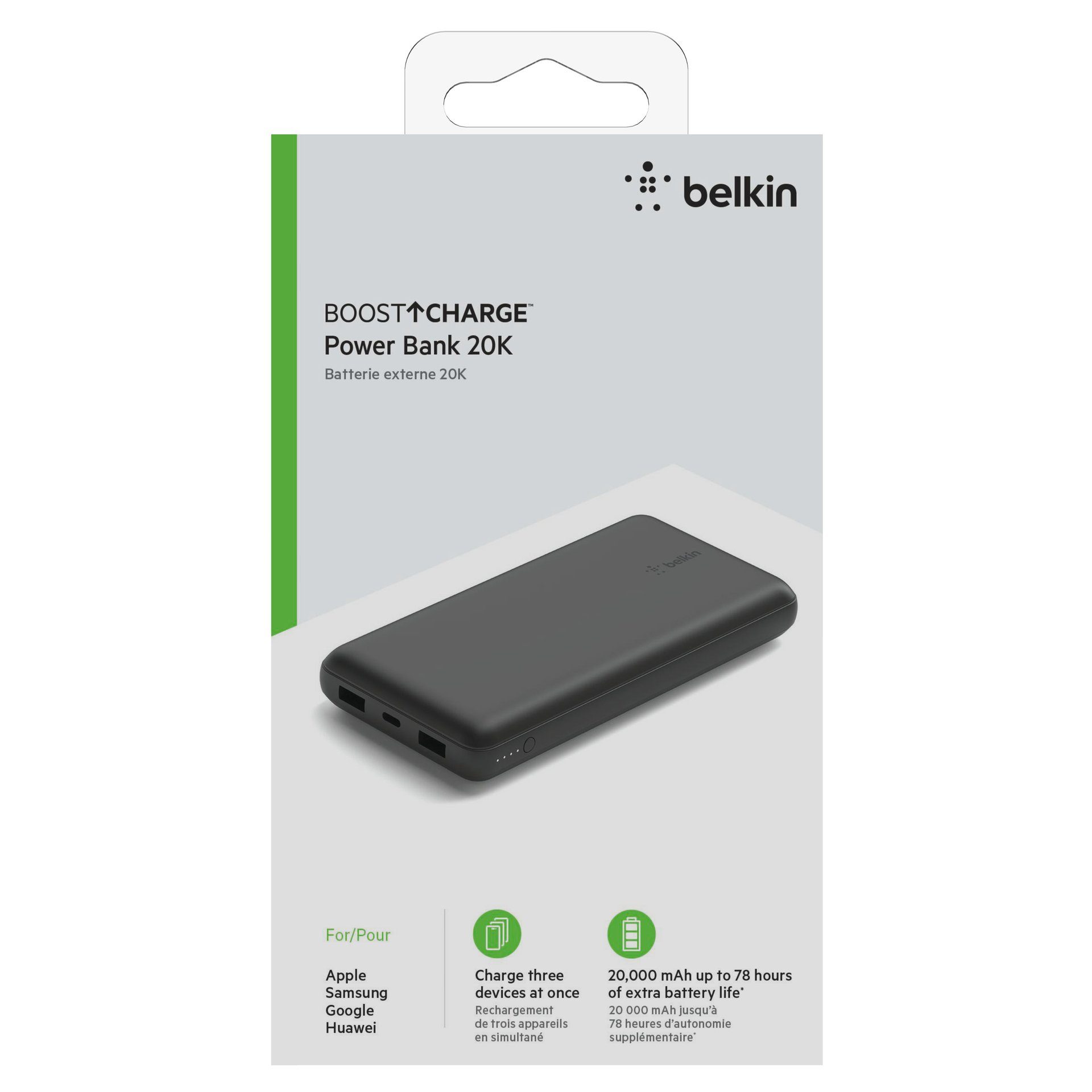 Belkin BoostCharge 20.000mAh Powerbank 15 Schwarz USB-C, Power Powerbank, zu 78 Watt bis USB-A, 3 Stunden für von 1x Laden 2x Geräten zum