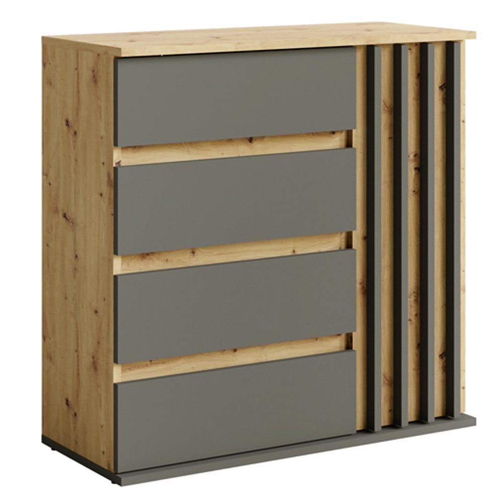 Lomadox Kommode DAVIS-166, Eiche graphit Lamellen Design Schubladen Tür 80x80x34 cm