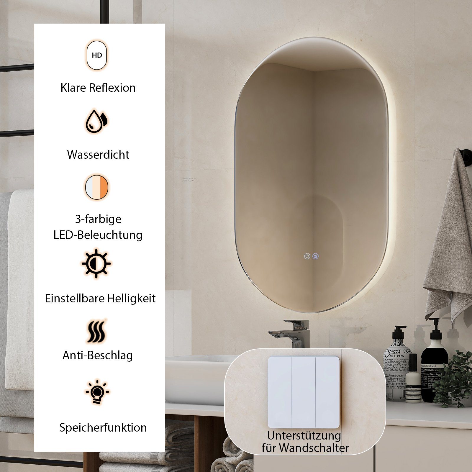 Oval, COSTWAY Funktion Touch LED-Lichtspiegel Badspiegel, 80x50cm