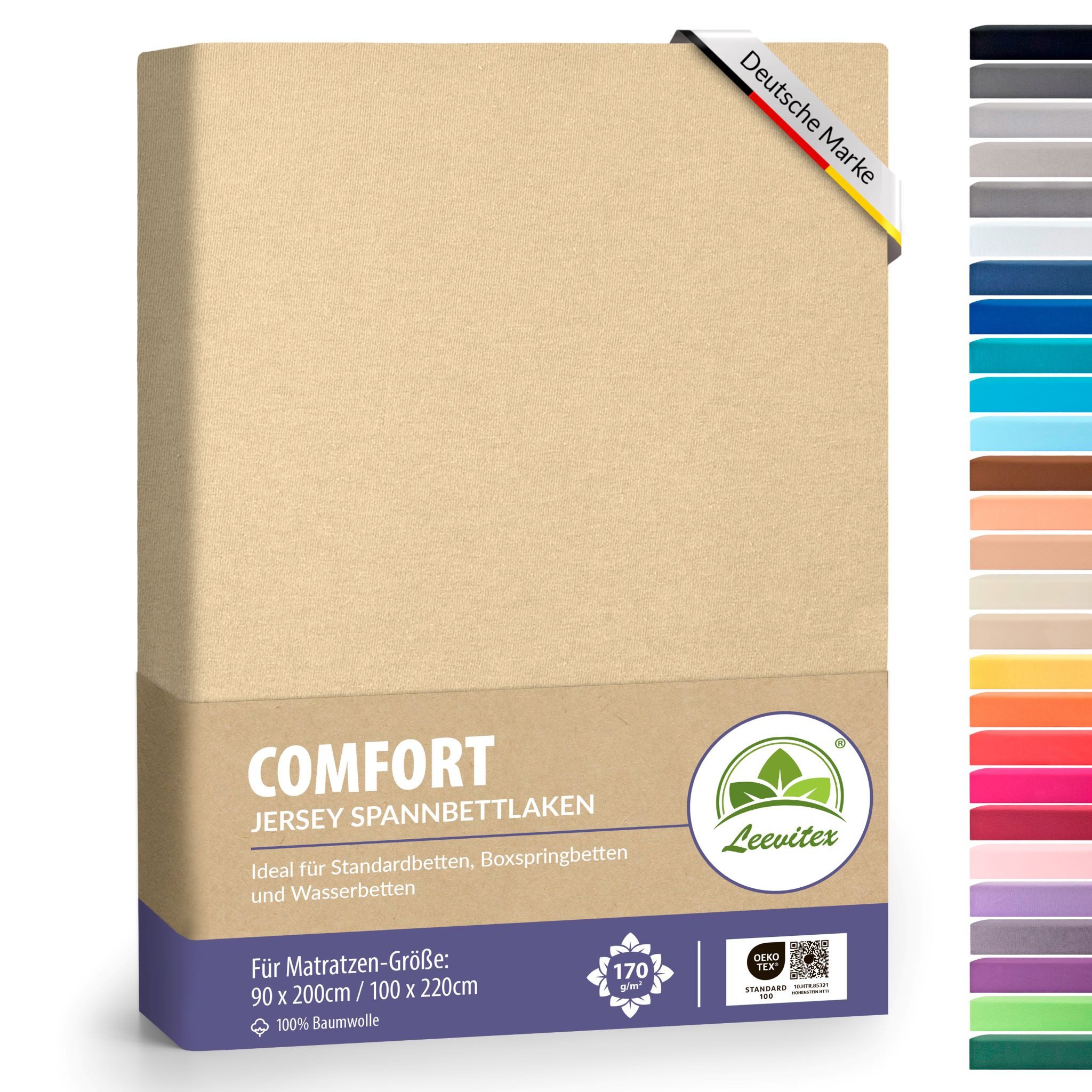 leevitex® Spannbettlaken verschiedene Größen, Stoffgewicht 170 g/m², 40 cm Steghöhe, Jersey, Gummizug: rundum, (1 Stück), verschiedene Farben, OEKO-TEX® STANDARD 100 zertifiziert