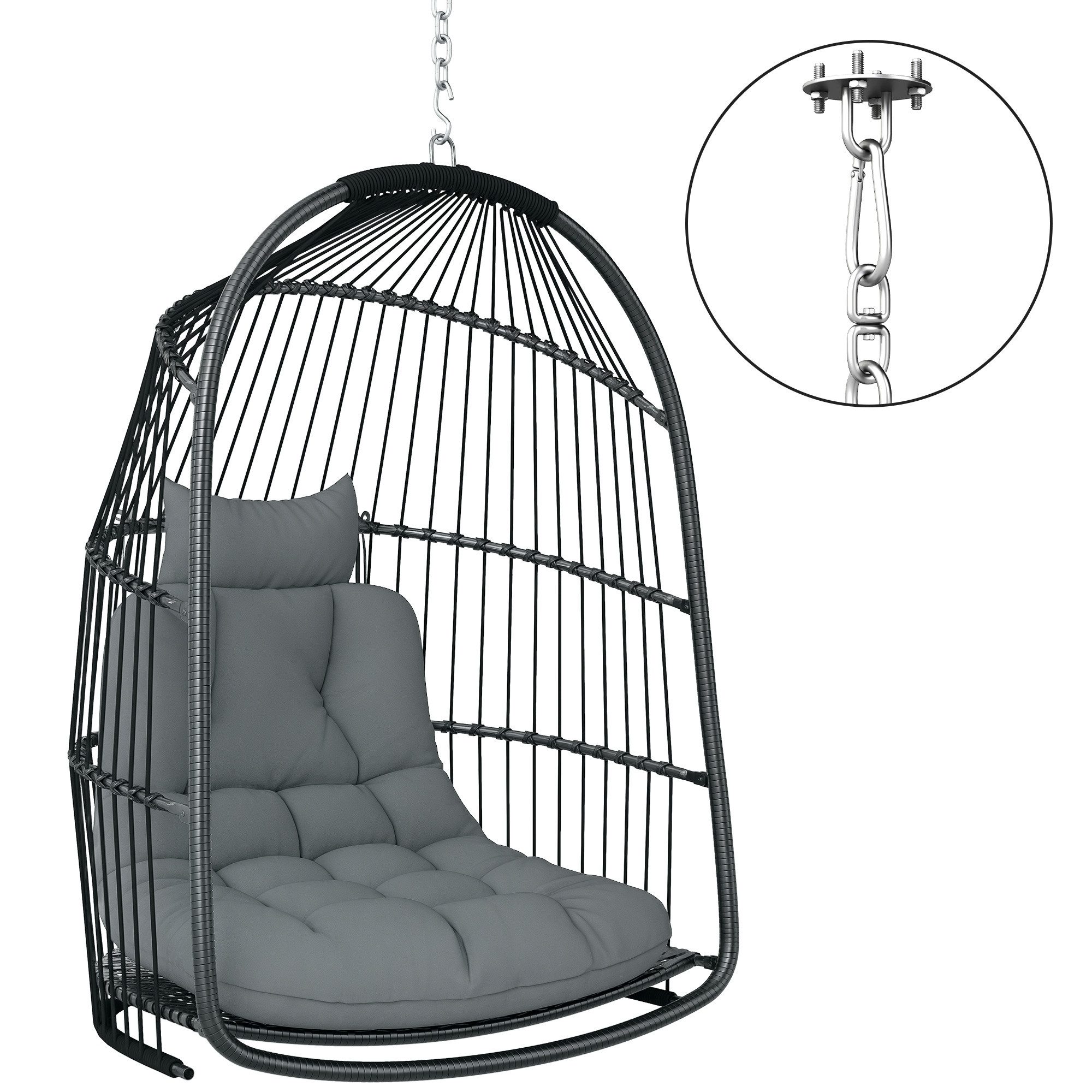 Outsunny Schaukelstuhl mit Kissen, Polyrattan, faltbar,belastbar bis 150kg (Hängesessel, 1 St), für Wohnzimmer, Balkon, Terrasse, Dunkelgrau