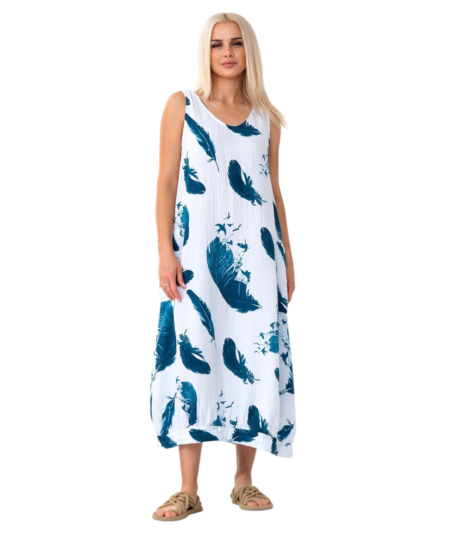 WENOR Sommerkleid Damen Musselin Strandkleid ärmellos 100 % Baumwolle mit Taschen Ballon-Saum, große Taschen, Einheitsgröße