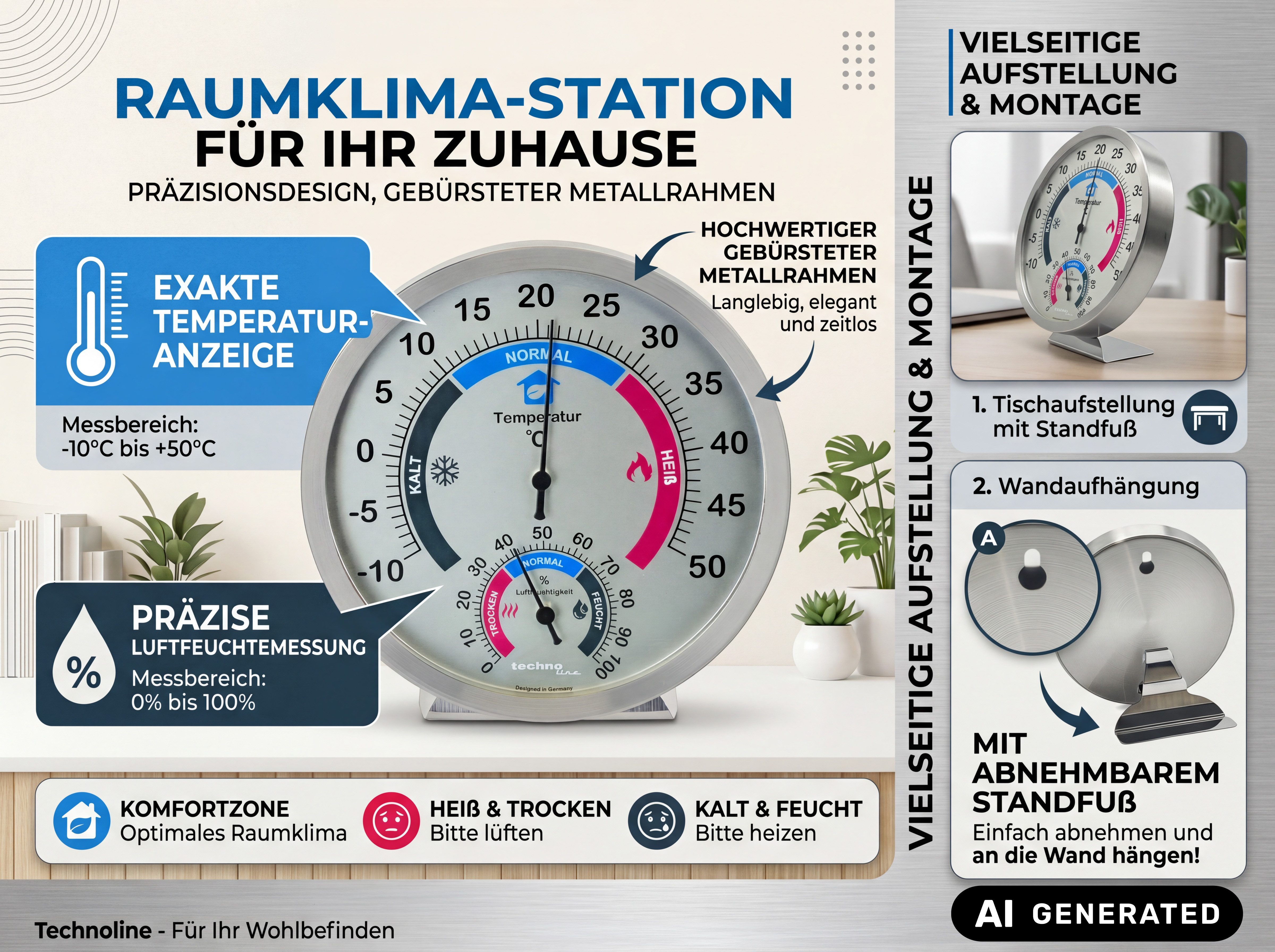 technoline Raumthermometer WA 3045, Thermo-/ Hygrometer zur Raumklima Überwachung, zum Aufstellen & hängen