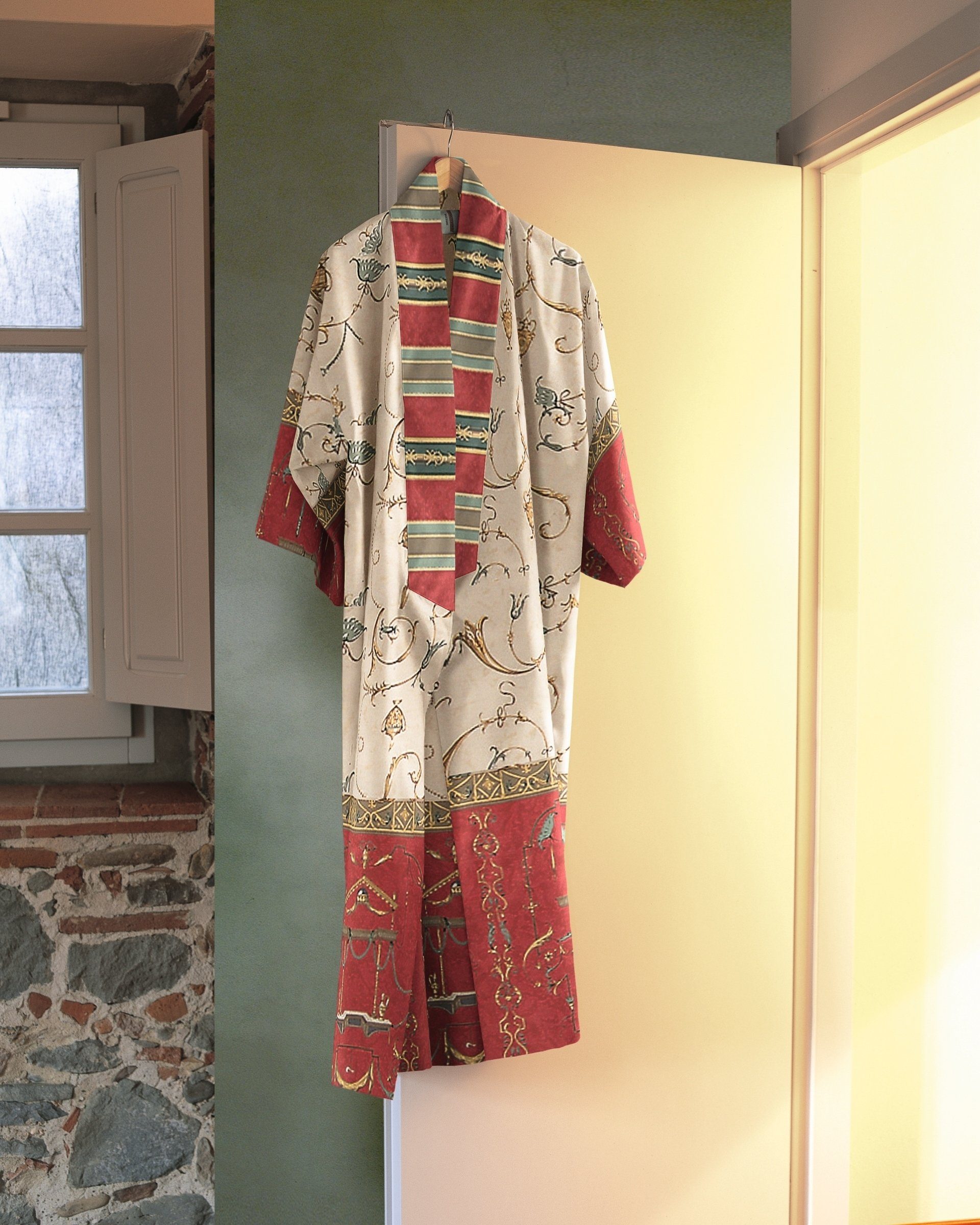 Baumwolle Bassetti Baumwolle, Kimono OPLONTIS, rot aus knöchelfrei, Gürtel, satinierter