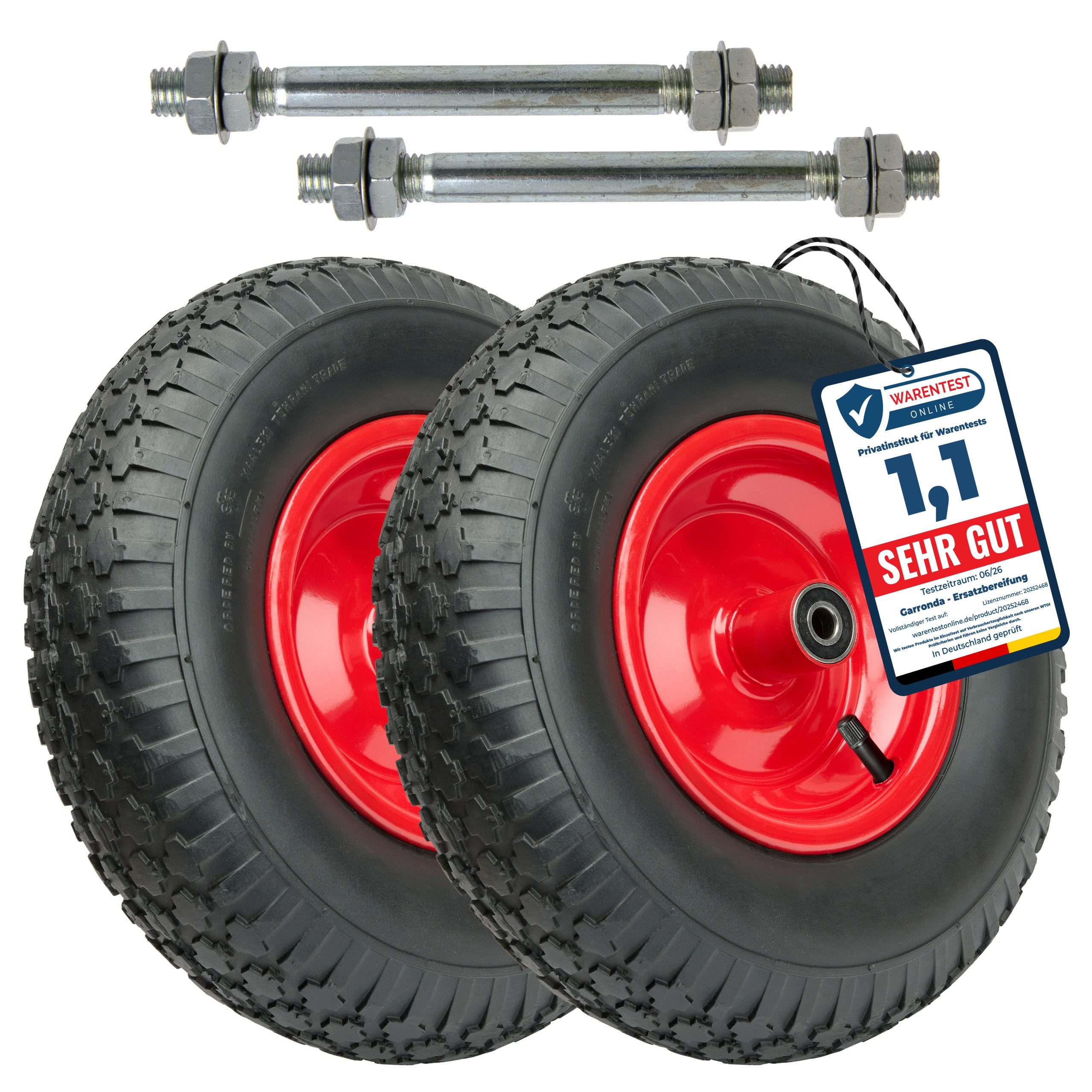 Garronda Schubkarren-Rad Ersatzrad Schubkarrenrad Luftreifen Reifen Stahlfelge Achse GD-0163 (2 St., Reifen; Achse), 4.00-6 2PR
