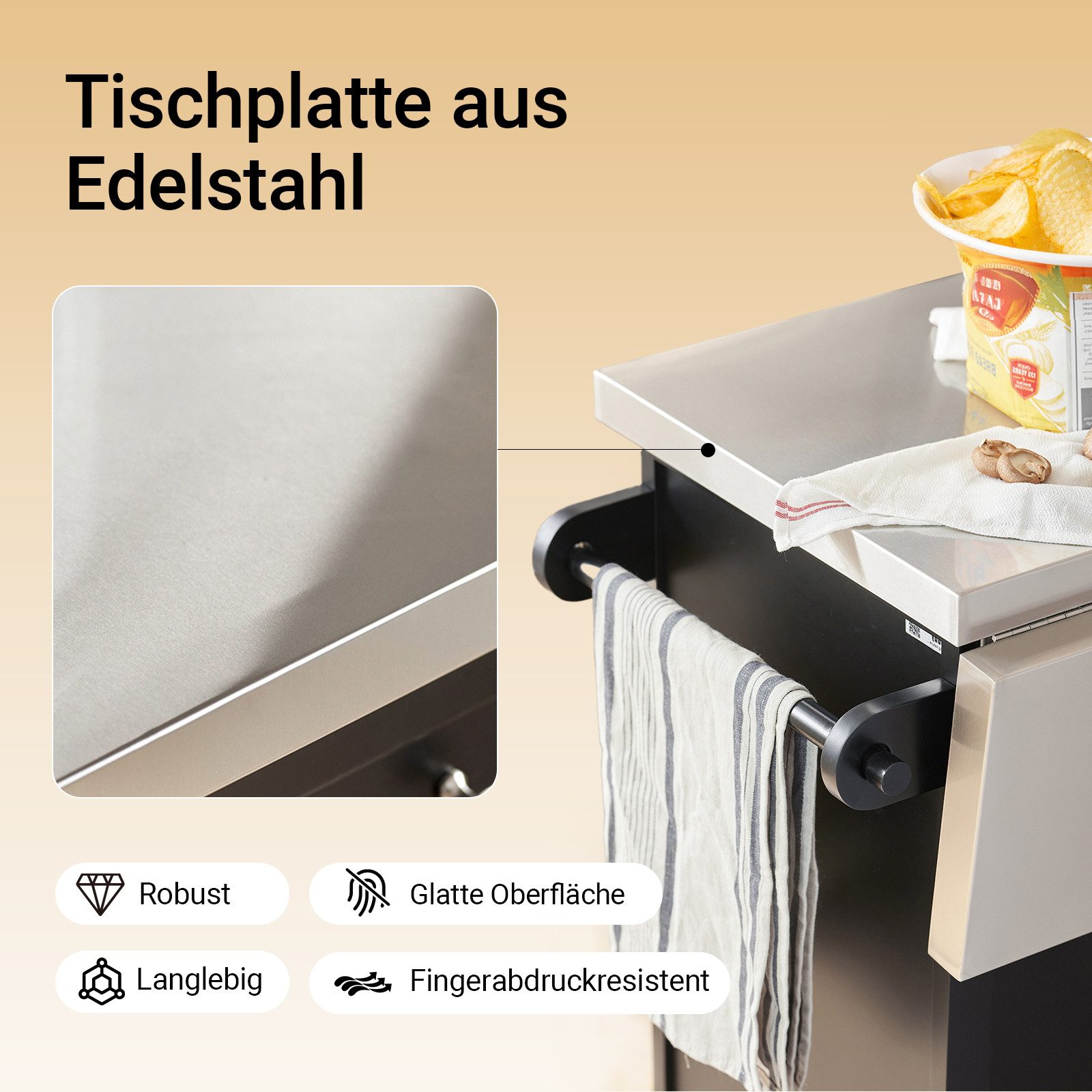 SoBuy Küchenwagen Servierwagen mit Rollen, Rollwagen, Barwagen, Küche, Esszimmer, Küchenschrank Kücheninsel mit erweiterbarer Arbeitsplatte, mit 2 Türen