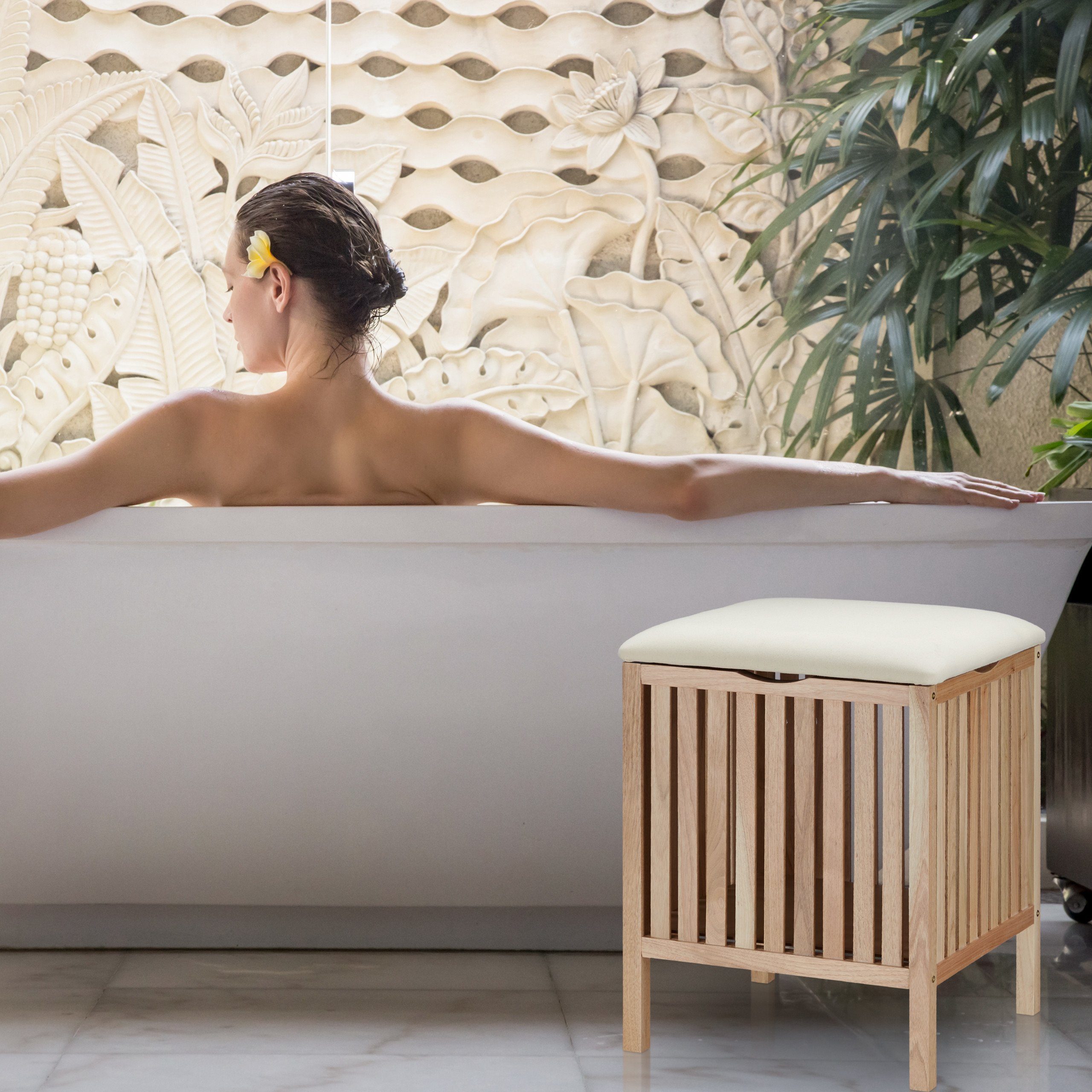 relaxdays Wäschekorb aus Walnussholz mit Sitz (1 St) – Bild 3 von 5