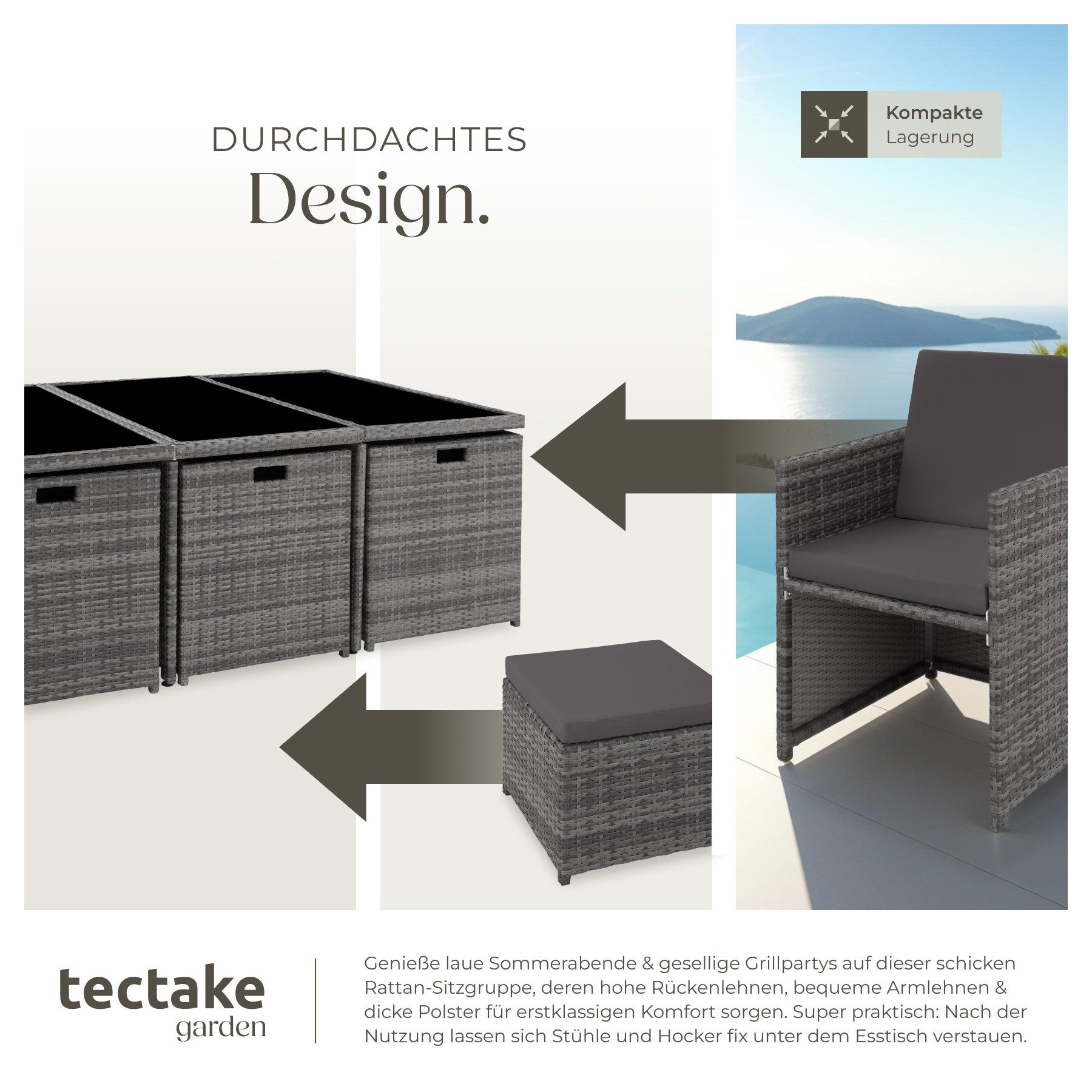 tectake Sitzgruppe Aluminium Rattan Gartenlounge für 6 bis 10 Personen, Inkl., (Loungeset New York, 12-tlg., für Außen in Grau), wetterfest und UV-beständig, 2  – Bild 4 von 5