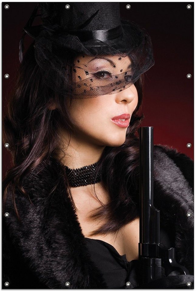 Thumbnail - Wallario Sichtschutzzaunmatten Lady in Black - Sexy Dame mit gefährlichem Charme, rund