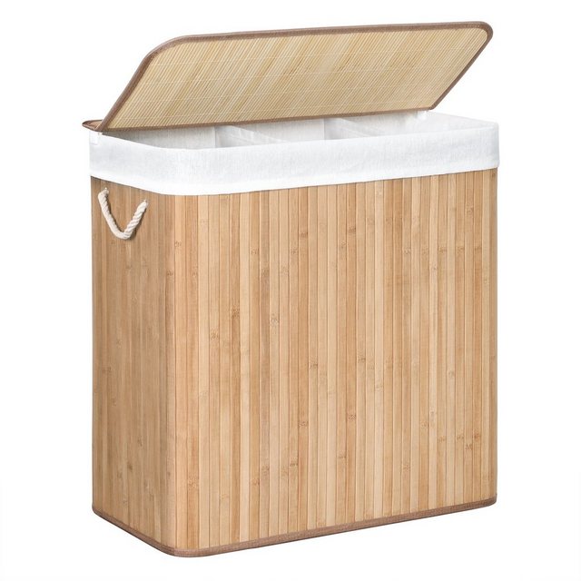 SONGMICS Wäschekorb “Wäschesammler”, aus Bambus, mit Griffen, 3 Fächern, Deckel mit Clips, 150 L, faltbar