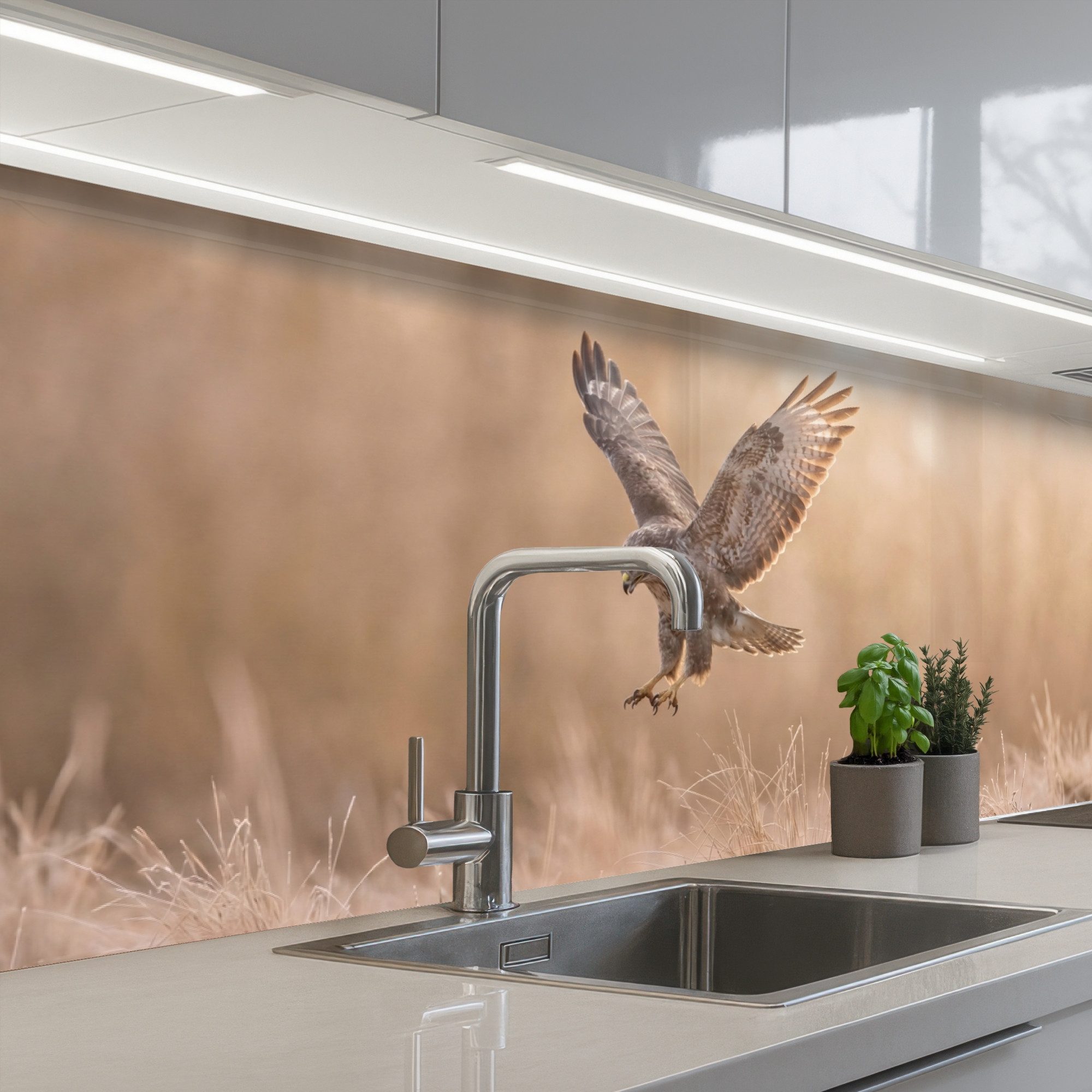 KitchenYeah Küchenrückwand selbstklebend (keine Folie) Bussard - Raubvogel - Natur - Braun, (1-tlg), Spritzschutz, Küche, Rückwand, Küchenwand, Abwaschbar, 200x60 cm