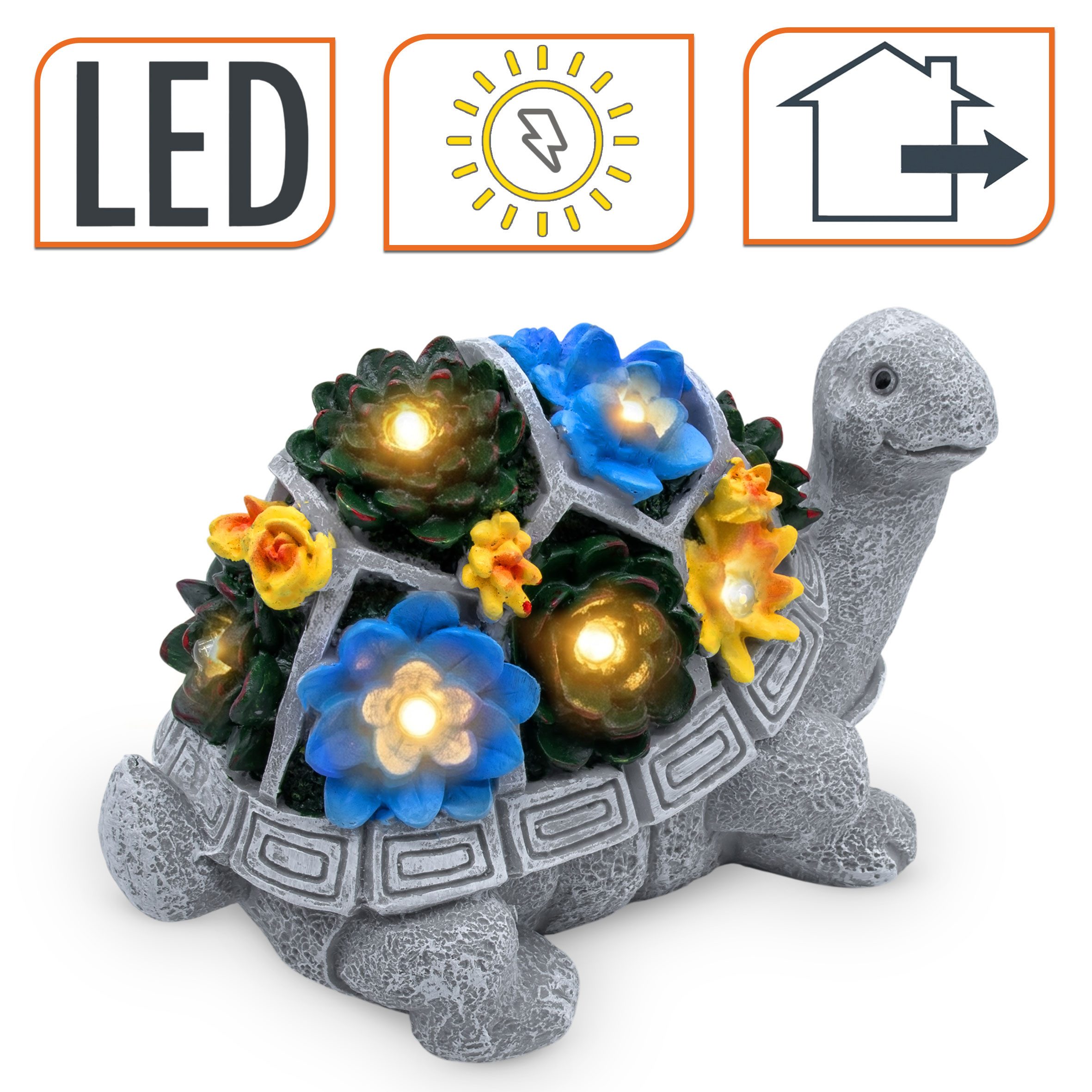 Spetebo LED Dekofigur Gartenfigur Schildkröte mit leuchtenden Blumen, Solar, LED fest integriert, warm weiß, Gartendeko Tierfigur warm weiß beleuchtet für Außen