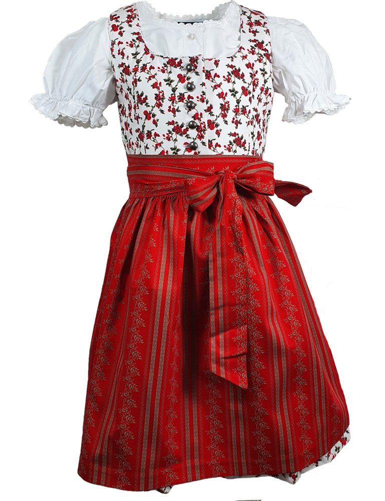 Maddox Dirndl Kinder Kleid "Elli" mit Blümchendesign mit Bluse - Weiß / Rot, Mädchen Trachtenkleid (3-tlg)